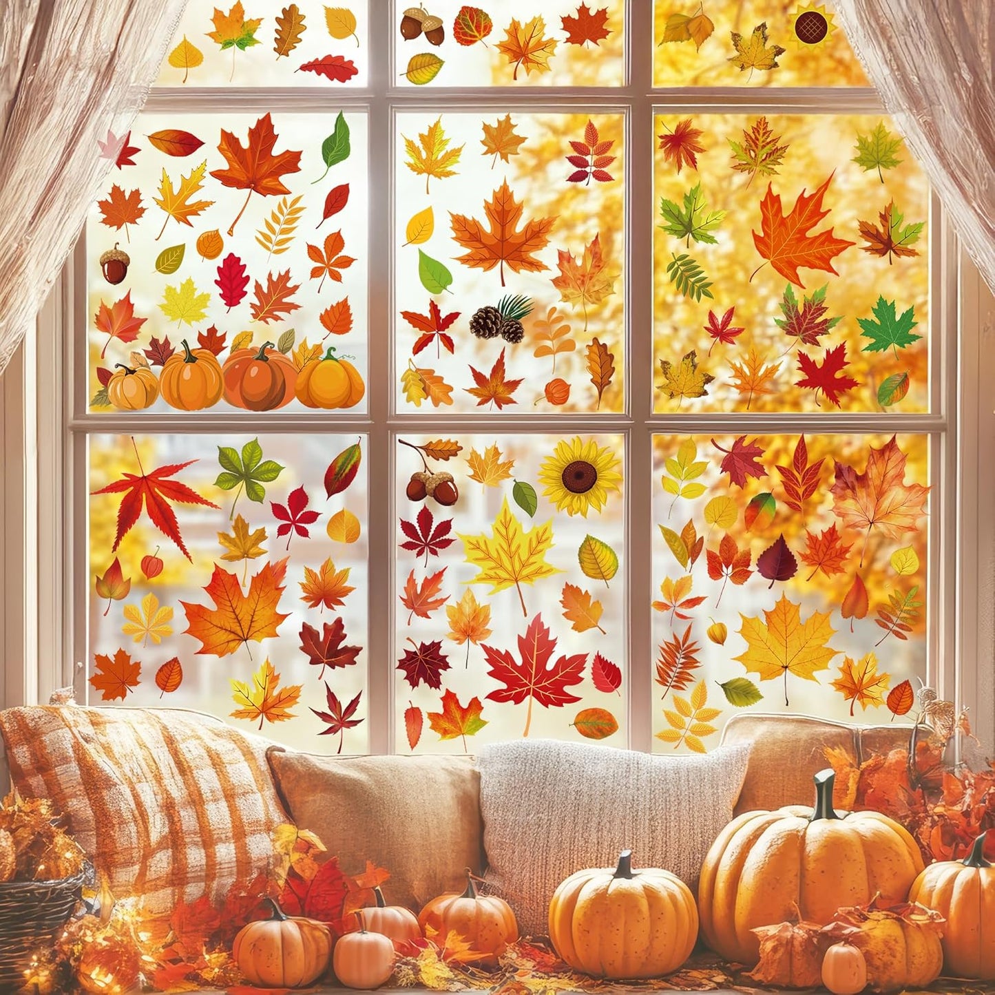 9 Sheets Fall Decorations, 274 PCS Fall Window Clings, Double Sided Autumn Stickers with Maple Leaves Pumpkin Nuts, Autumn Window Clings for Party Thanksgiving Decor Indoor Outdoor Accessories