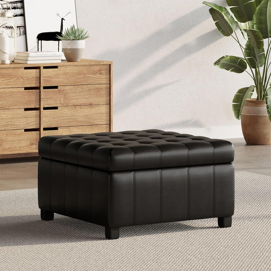 Christopher Knight Home Faux Leather Storage Ottoman Square Ottoman End of Bed Ottoman Cube for Bedroom Entryway Foot Rest Stool with Hinged Lid 30.25" x 30.25" x 18", Black