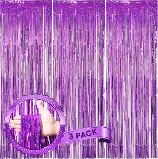 3 Pack 3.3 x 8.2 ft Laser Purple Foil Fringe Backdrop Curtains, Tinsel Streamers Birthday Party Decorations, Fringe Backdrop for Graduation, Baby Shower, Gender Reveal, Disco Party