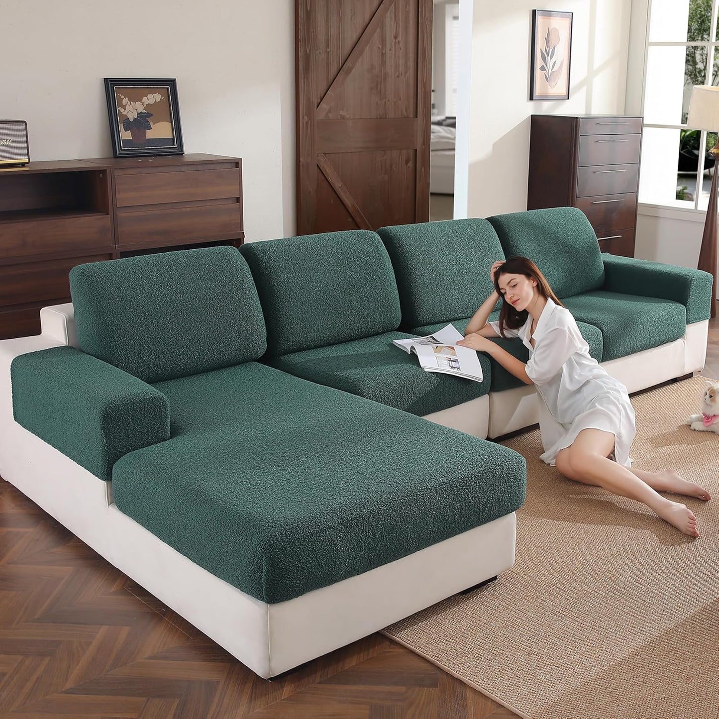 Couch Cushion Covers for Sectional Sofa, Stretch Soft Sofa Slipcovers Washable Wear-Resistant Universal Furniture Protector for Living Room(1 Piece Chaise Cover, Green)