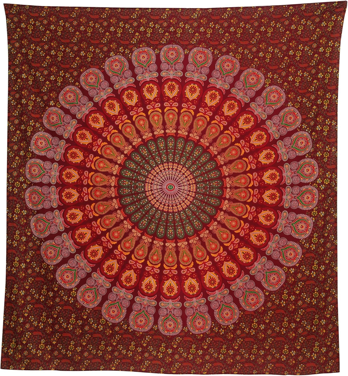 Bless International Handmade Indian hippie Bohemian Psychedelic Peacock Mandala Wall hanging College Dorm Beach Throws Table Cloth Bedding Tapestry (Maroon Yellow, King(88x104Inches)(225x265Cms))