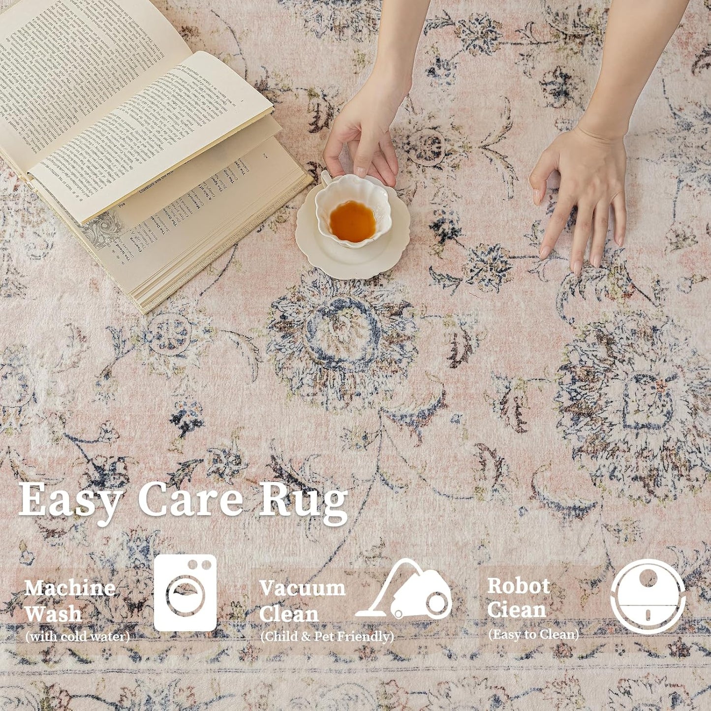 3'x5' Vintage Floral Rug - Persian Inspired Low-Pile Faux Wool Area Rug, Non-Slip Washable Small Rug for Bedroom, Nursery, Dorm, Soft Pink Boho Chic Decor