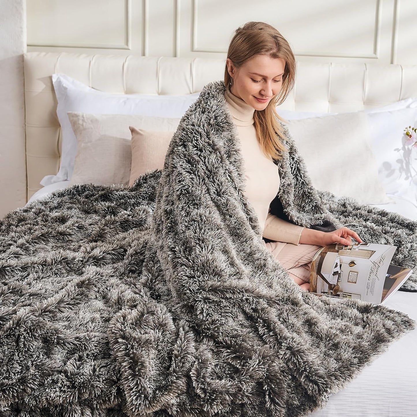 GONAAP Fuzzy Faux Fur Throw Blanket Frosty Black Super Soft Cozy Plush Fuzzy Shaggy Blanket for Couch Sofa Bed (Frosty Black, Throw(50"x60"))