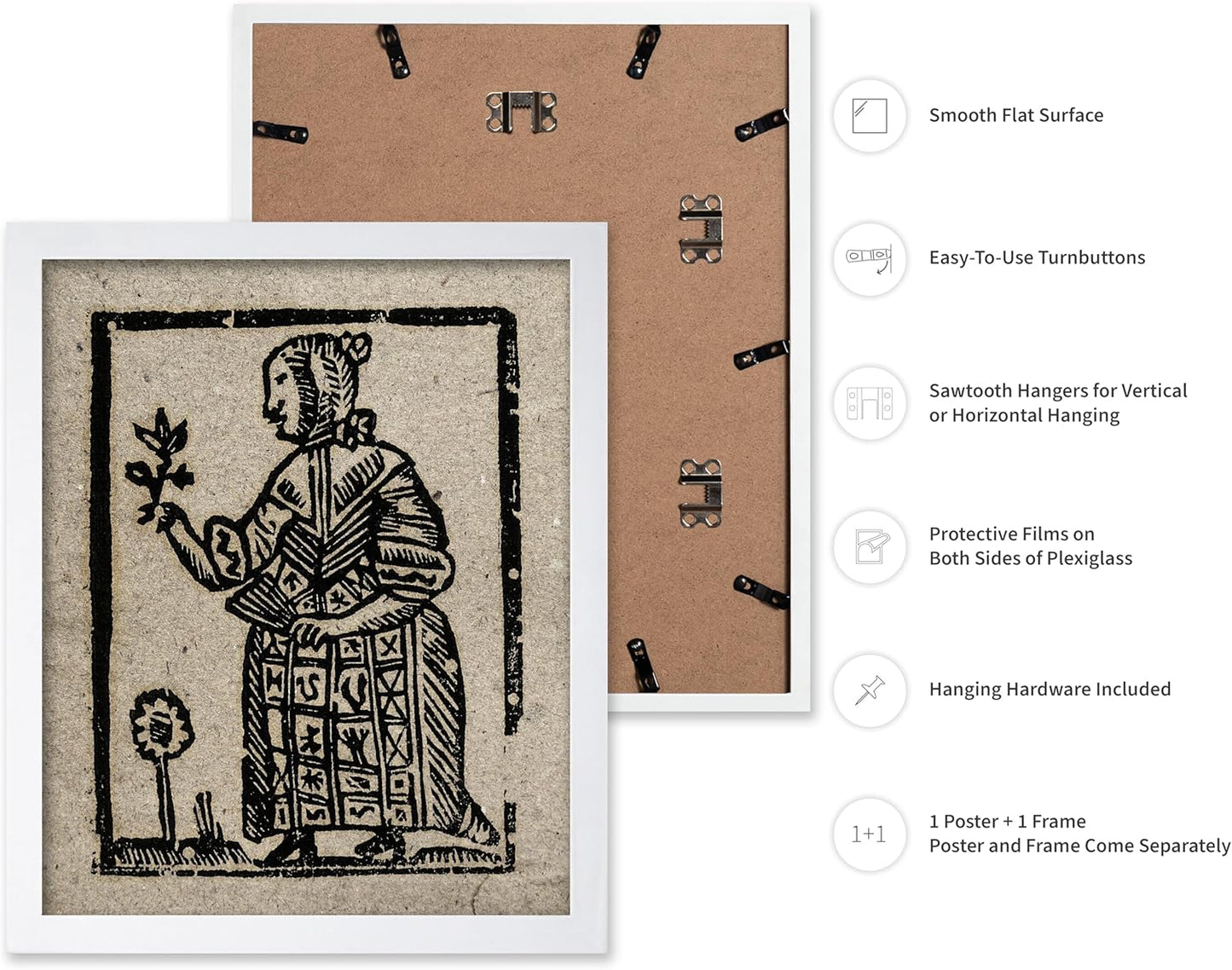 Poster Master Vintage Woodcut Poster - Retro Medieval Print - Gift for Gothic, Horror Fan - Witch Holding a Plant, Magic, Spell, Herbalist - Wall Decor for Bedroom, Dorm, 8x10 White Framed