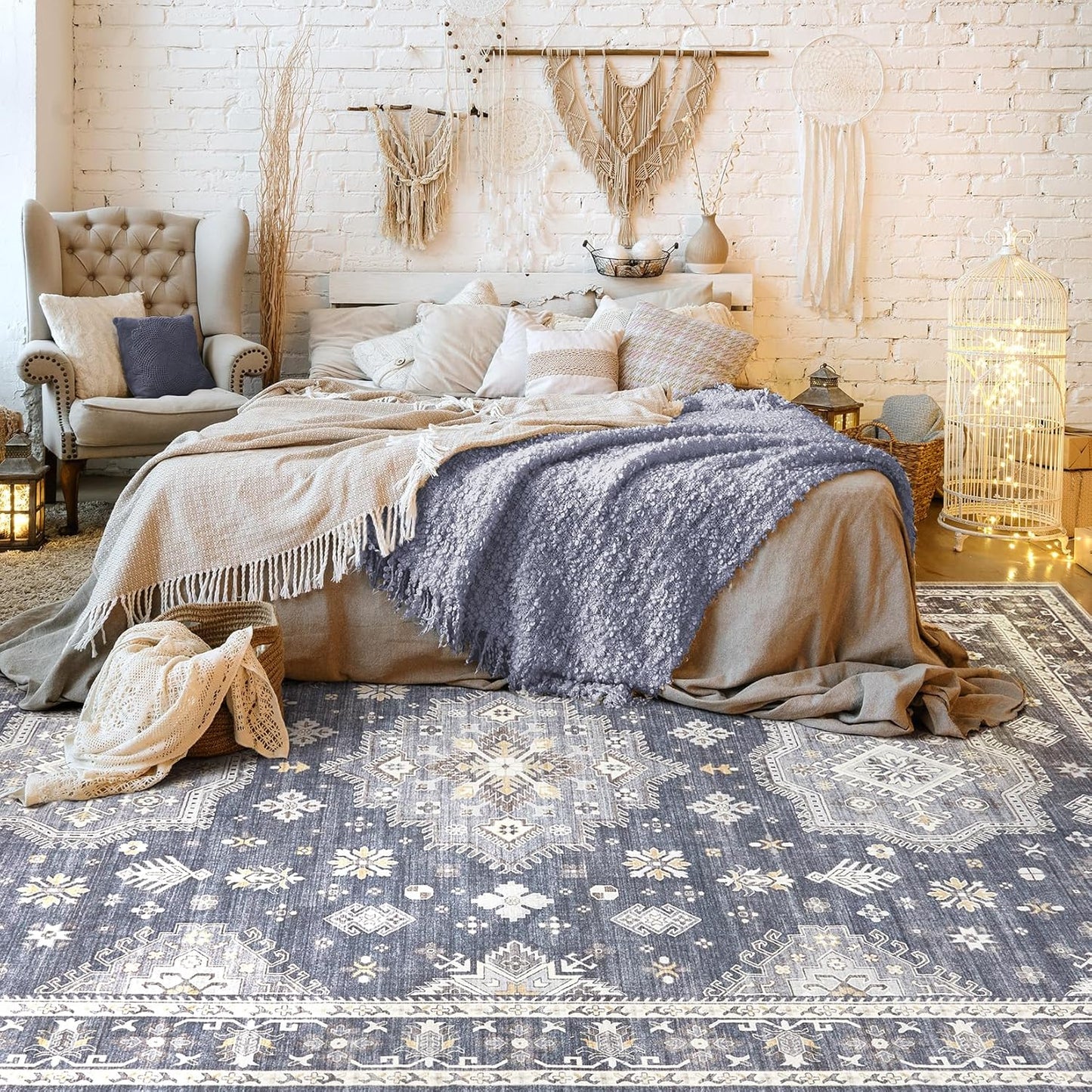 Washable Area Rugs for Living Room -10x14 Neutral Vintage Distressed Floral Farmhouse Boho Large Soft Floor Rug Indoor Non Slip Carpet for Living Room Bedroom Dining Room Office - Denim Blue/Grey