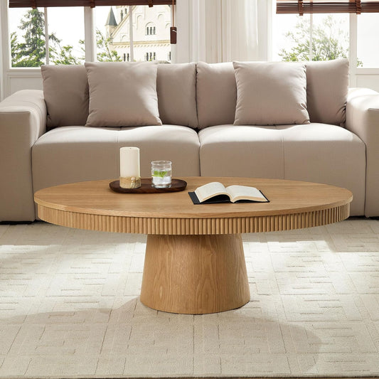 Modern Oval Coffee Table with Wood Pedestal,47.24" Farmhouse Center Table for Living Room, Ellipse Coffee Tables Tea Table for Bedroom, Apartment-Natural
