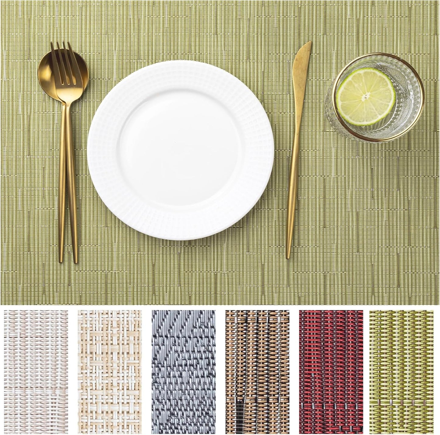 LEXMORE Placemats Set of 12 Vinyl/Plastic Woven Place Mats for Kitchen Table Indoor/Outdoor Washable Placemat Wipeable Dining Table Mats(Pea Green)