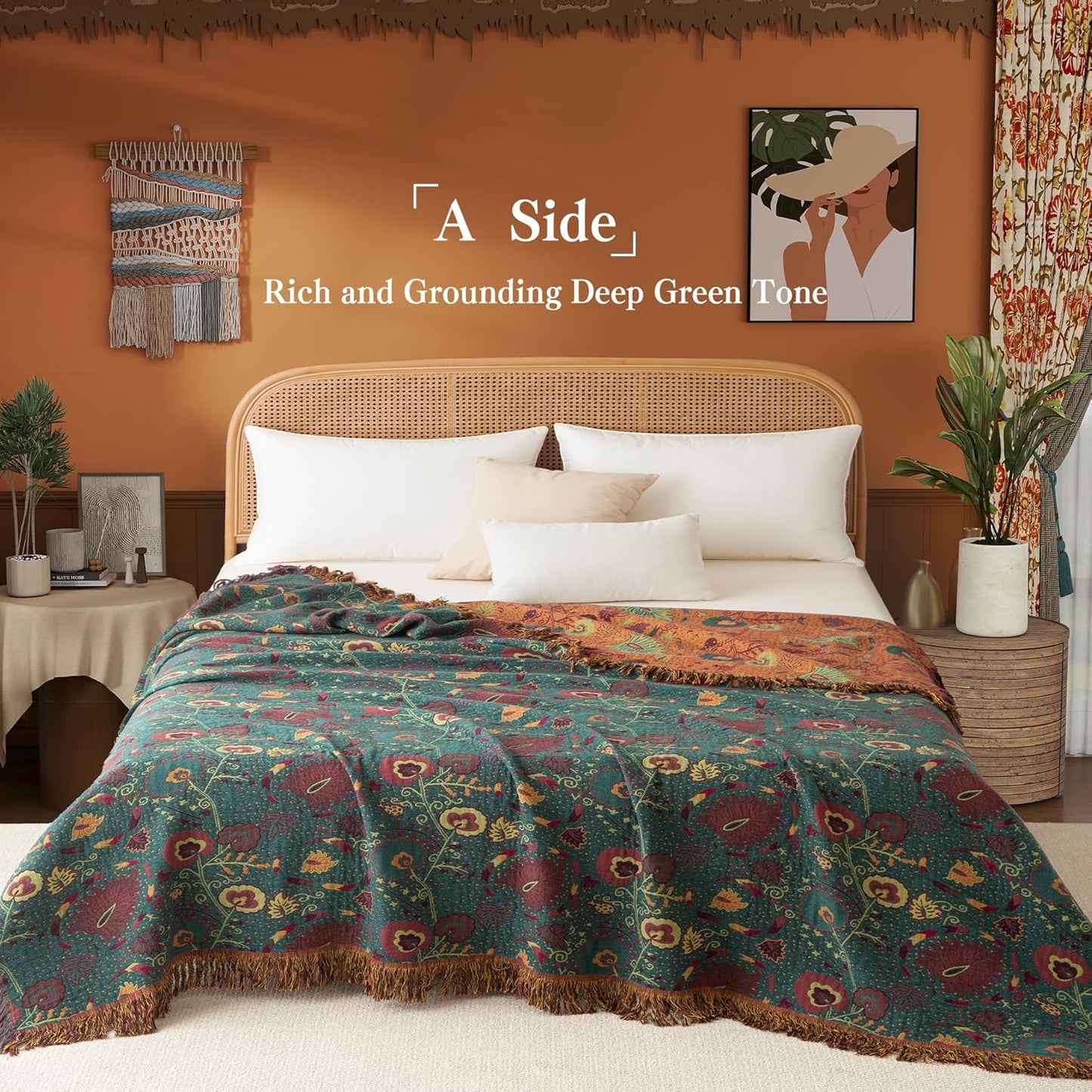 Boho Throw Blanket Twin Size, Soft Cozy Cotton Muslin Quilt Blanket for Bed Decor, Floral Patterned Couch Sofa Chair Cover, Vintage Farmhouse Cottage Tapestry Woven Blanket, Green&Orange