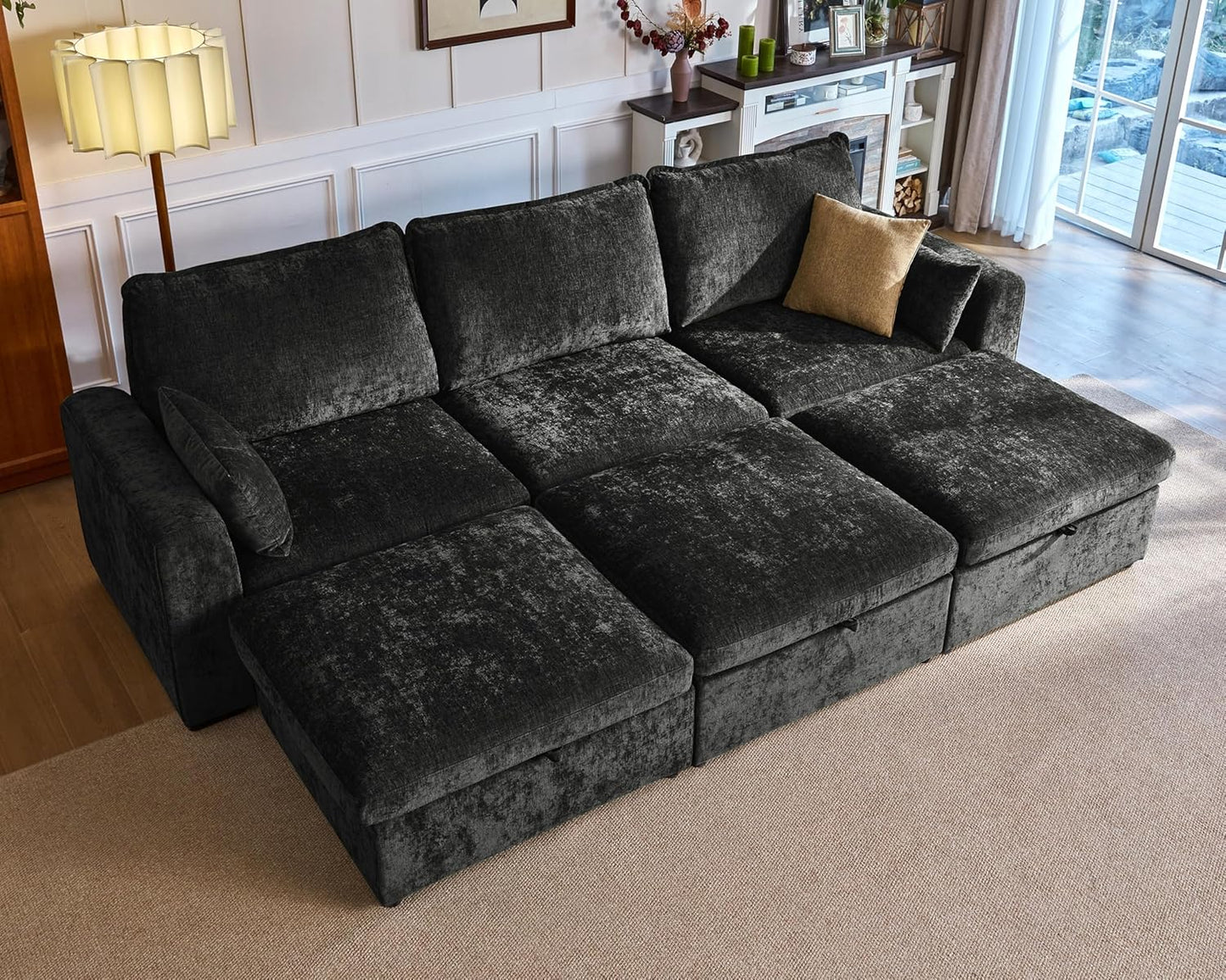 Oversized Modular Sofa Comfy Cloud Couch with Storage, Extra Deep Plush Sectional Sofa Set for Living Room, Covers Washable, Chenille, Olar (Black, 6-Seater with 3 Ottomans, Sleeper)