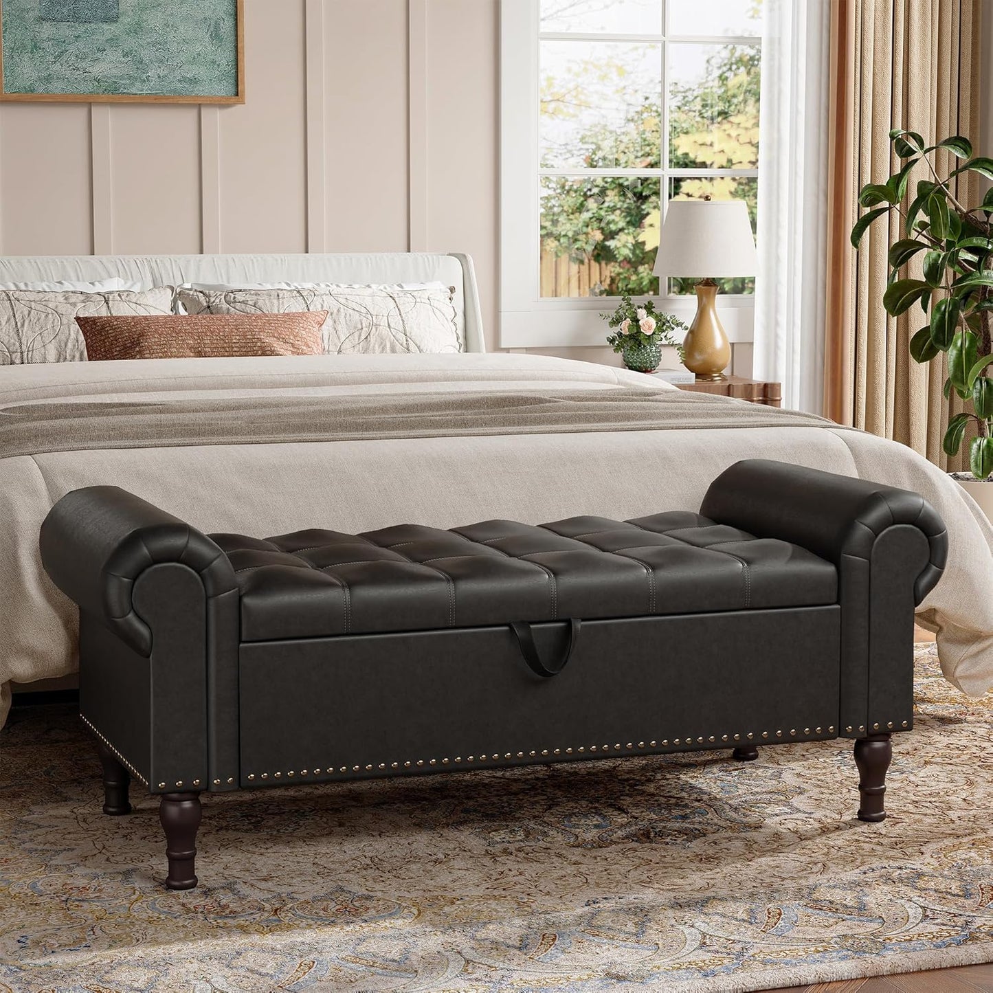 Storage Ottoman Bench for Bedroom, 51" Upholstered Bedroom Bench with Rolled Arms and Vintage Rivets, Large Storage Chest for Living Room, Bedroom, Entryway, Black