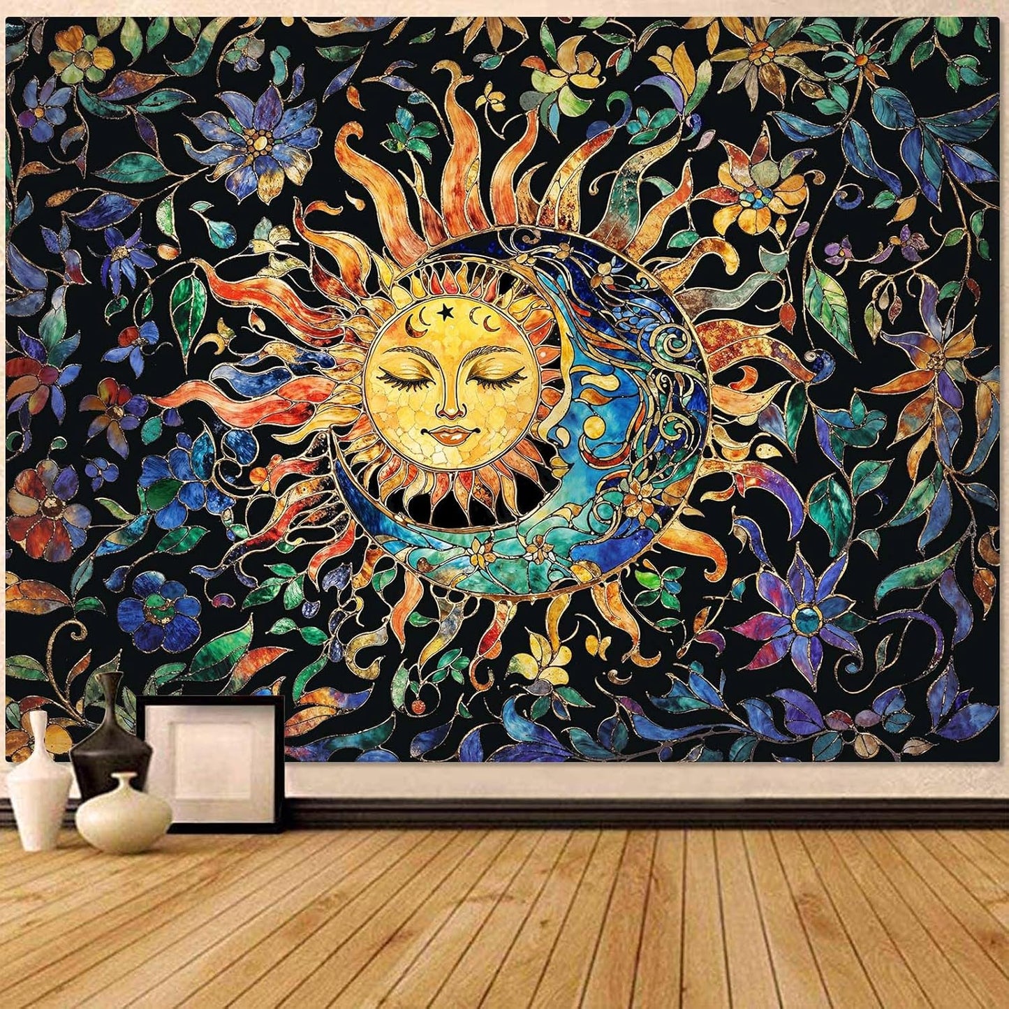 Aipon Sun and Moon Tapestry for Bedroom Boho Hippie Floral Wall Tapestry Aesthetic Vintage Stained Glass Plant Extra Large Tapestries Wall Hanging for Living Room Dorm 90 x 68 Inch