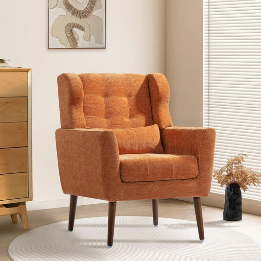 Modern Accent Chair, Upholstered Armchair with Pillow, Fabric Single Sofa Chair with Lounge Seat and Wood Legs Accent Chair for Living Room Bedroom Small Spaces (Orange, Set of 1)
