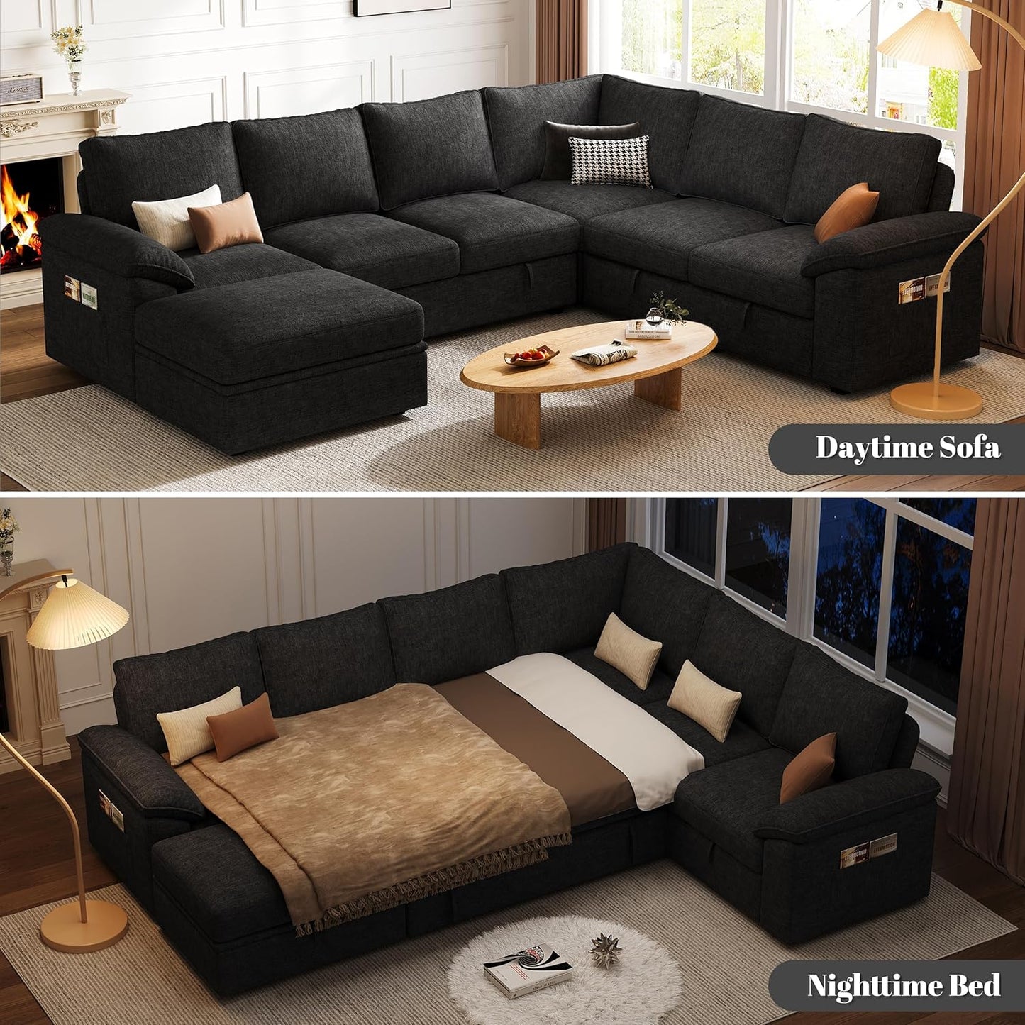 108 Inch Modular Sectional Sofa with Pull Out Bed,U Shaped 7 Seat Sectional Sleeper Sofa with Storage,Sectional Couches for Living Room,Cloud Modular Couch,Removable Sofa Cover,Black