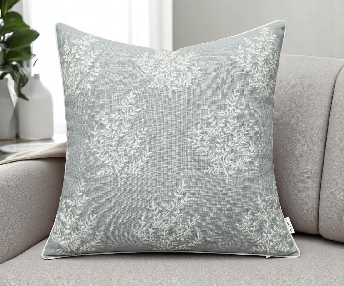 VAGMINE Embroidered Leaves Throw Pillow Cover - 18x18 Inches Square - 100% Cotton Robins Egg Decorative Cushion Cover - Coastal Inspired Leaf Stitch - Stylish Home Accent for Sofa, Couch, Bedroom