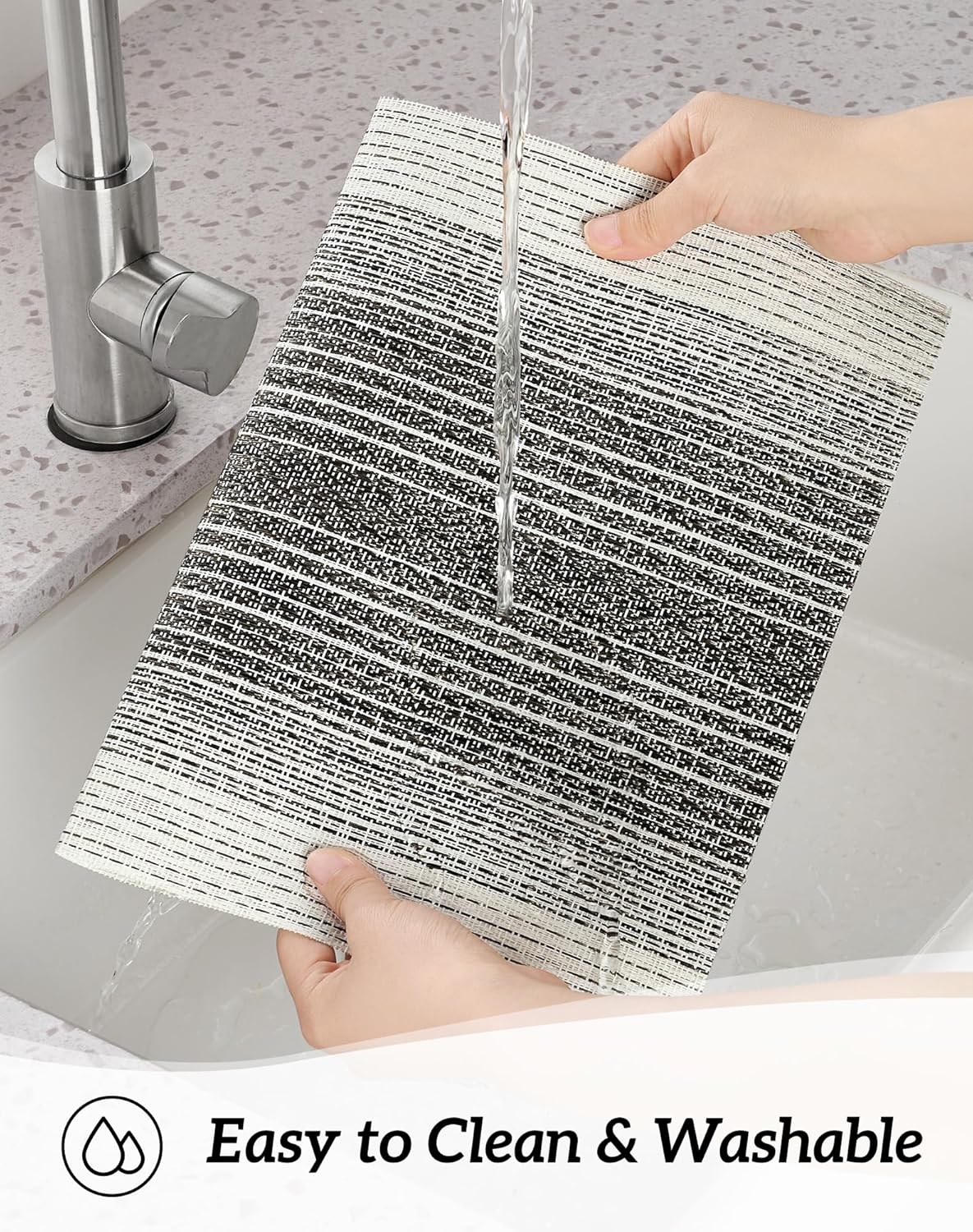 Leetaltree Black with White Woven Placemats Set of 4 - Heat Resistant Non-Slip Place mats for Dining Table, Washable Durable PVC Vinyl Woven Table Mats(Black with White, 4)