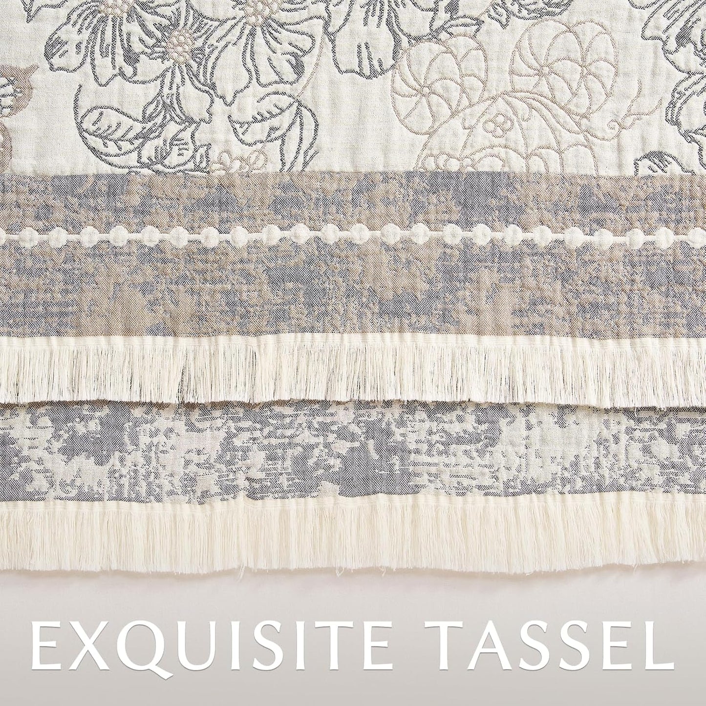 jinchan Boho Floral 100% Cotton Blanket 4-Layer Throw Blanket with Tassel Grey and White Flower Butterfly Soft Luxury Rustic Farmhouse Decor Blanket for Couch Bed 60x80 inch All Season Gift for Women