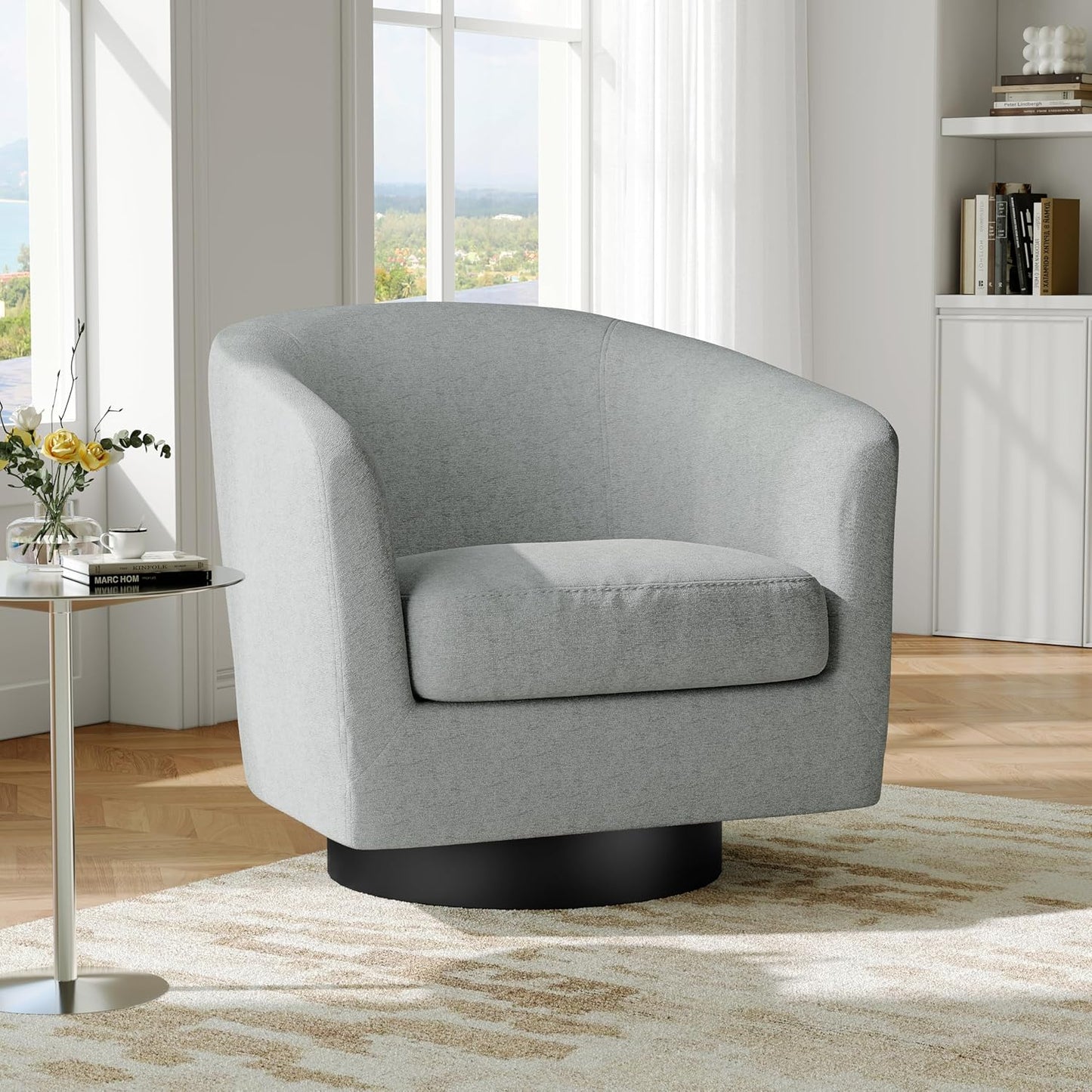 Swivel Barrel Accent Chair, Modern Round Chenille Fabric Arm Chair for Living Room, Bedroom, Comfy Club Reading Chairs for Adults（Chenille Fabric, Light Grey, Set of 2