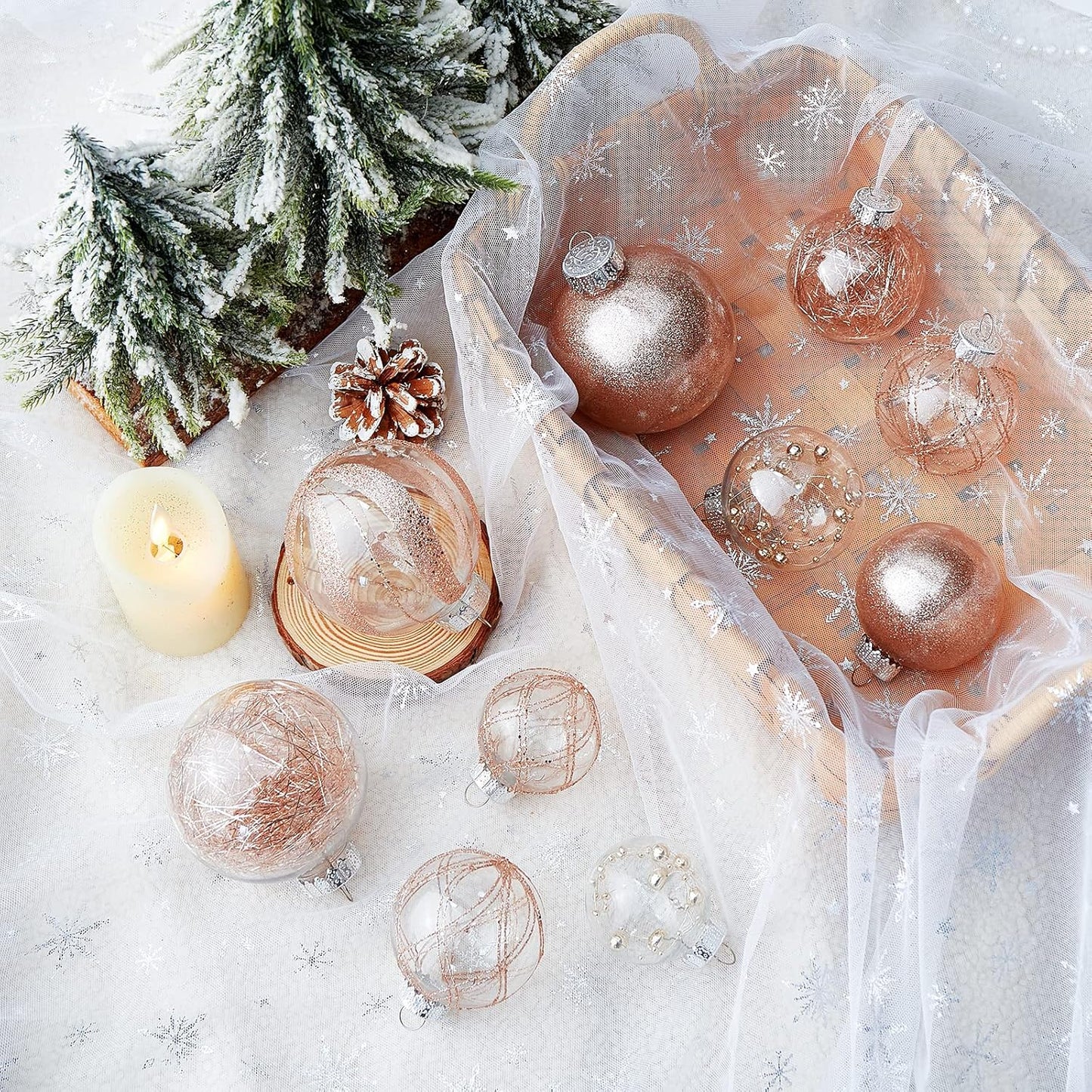 Clear Christmas Ball Ornaments,24ct Shatterproof Plastic Decorative Christmas Ornaments Hanging Xmas Tree Baubles Set with Stuffed Delicate Glittering Decorations for Holiday Party Decor(Rose Gold)