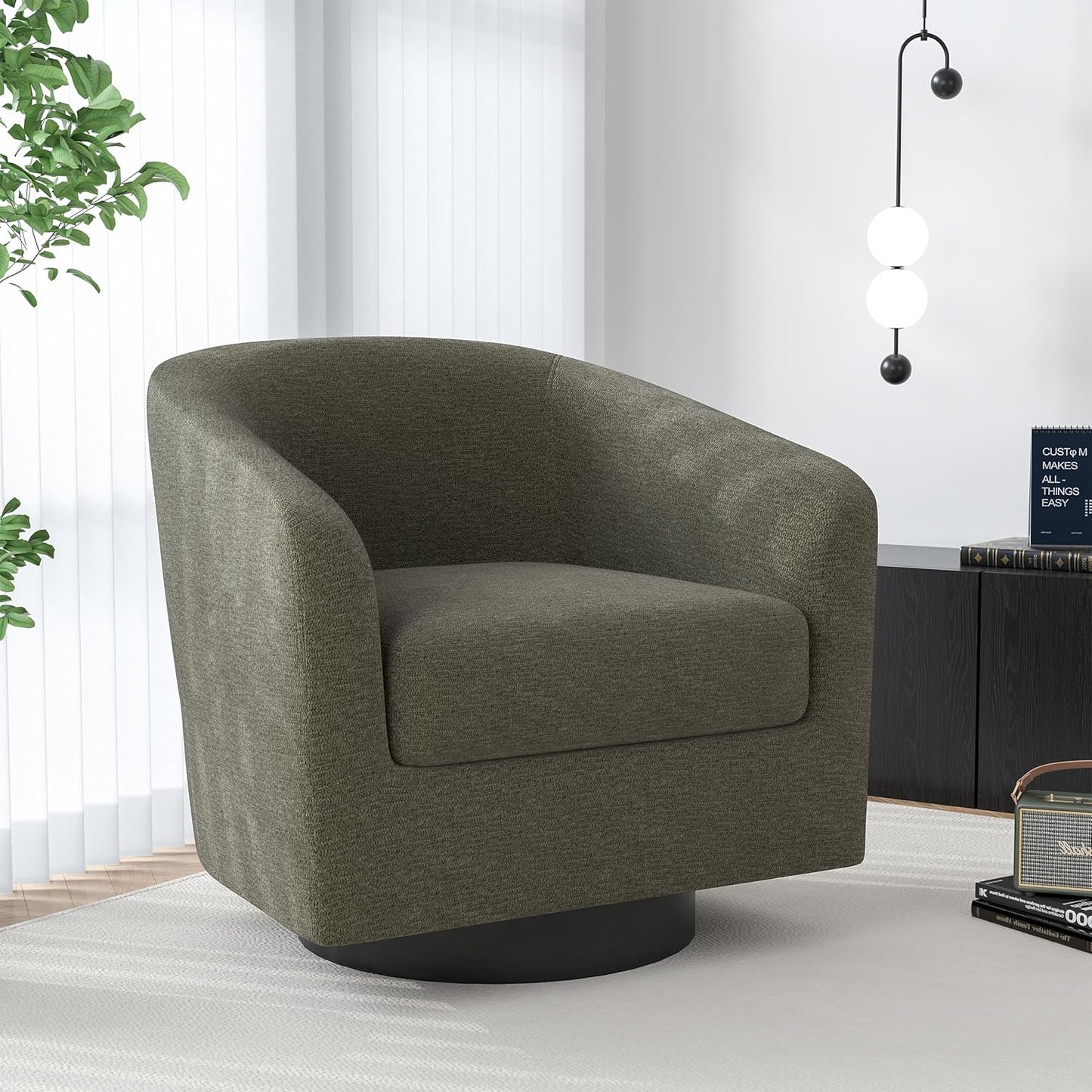 Swivel Barrel Accent Chair, Modern Round Chenille Fabric Arm Chair for Living Room, Bedroom, Comfy Club Reading Chairs for Adults（Chenille Fabric, Tan, Set of 4