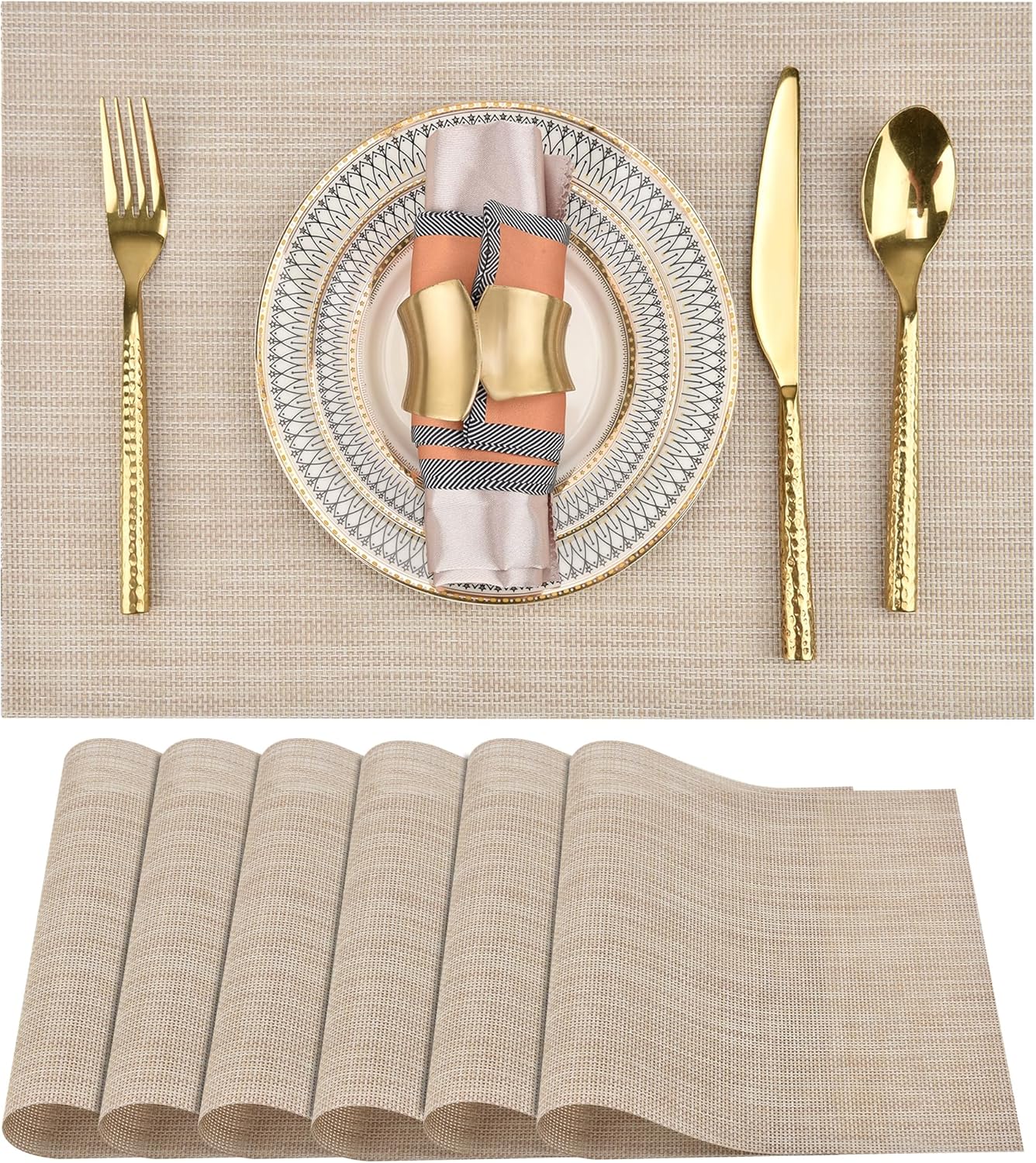 Placemats Set of 6 - Easy Clean Washable Vinyl Placemats - Wipeable Heat Resistant Table Mats for Dining Table - 17.7x11.8 Inch (6, Beige)