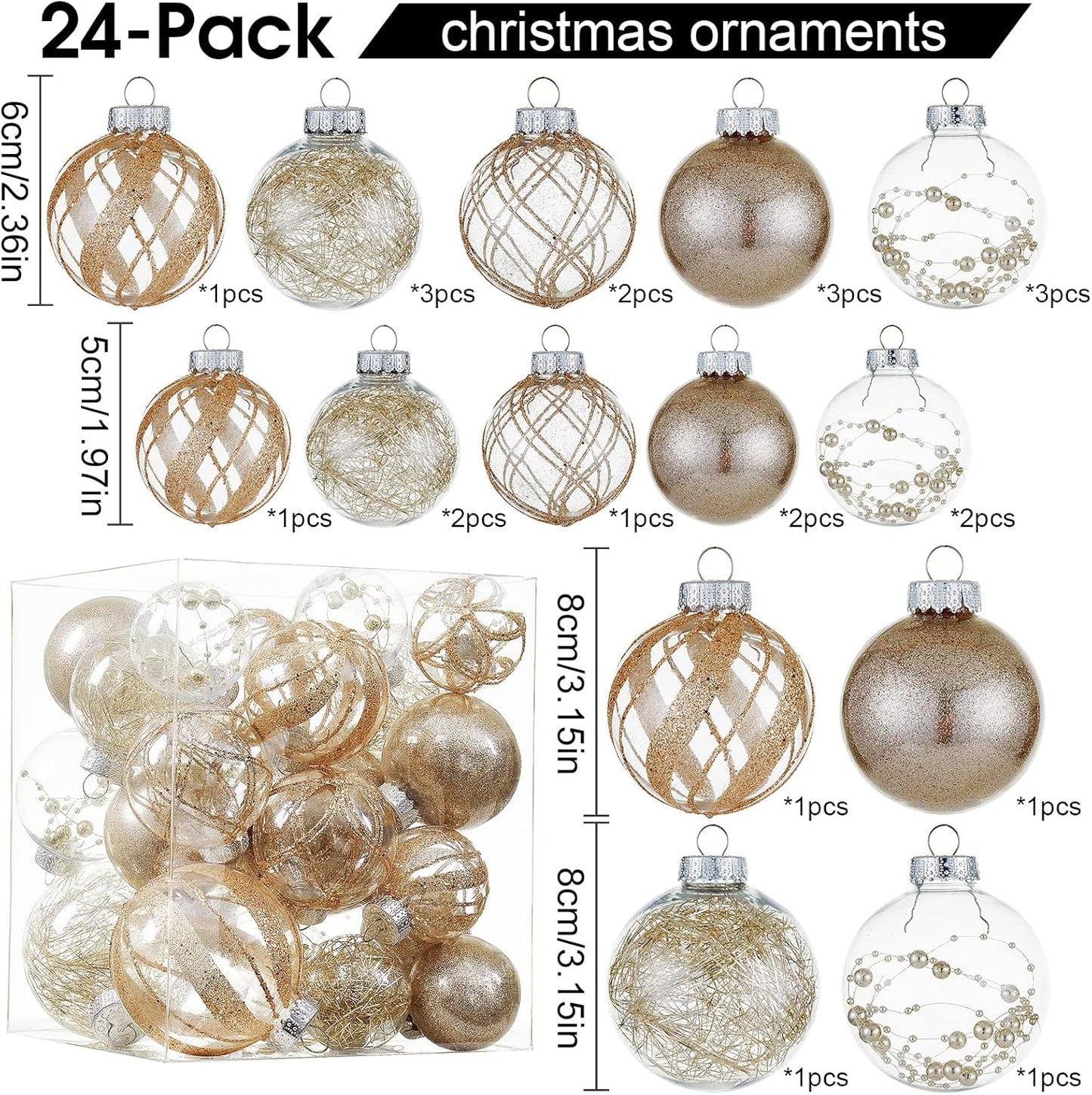 Clear Christmas Ball Ornaments,24ct Shatterproof Plastic Decorative Christmas Ornaments Hanging Xmas Tree Baubles Set with Stuffed Delicate Glittering Decorations for Holiday Party Decor (Champagne)