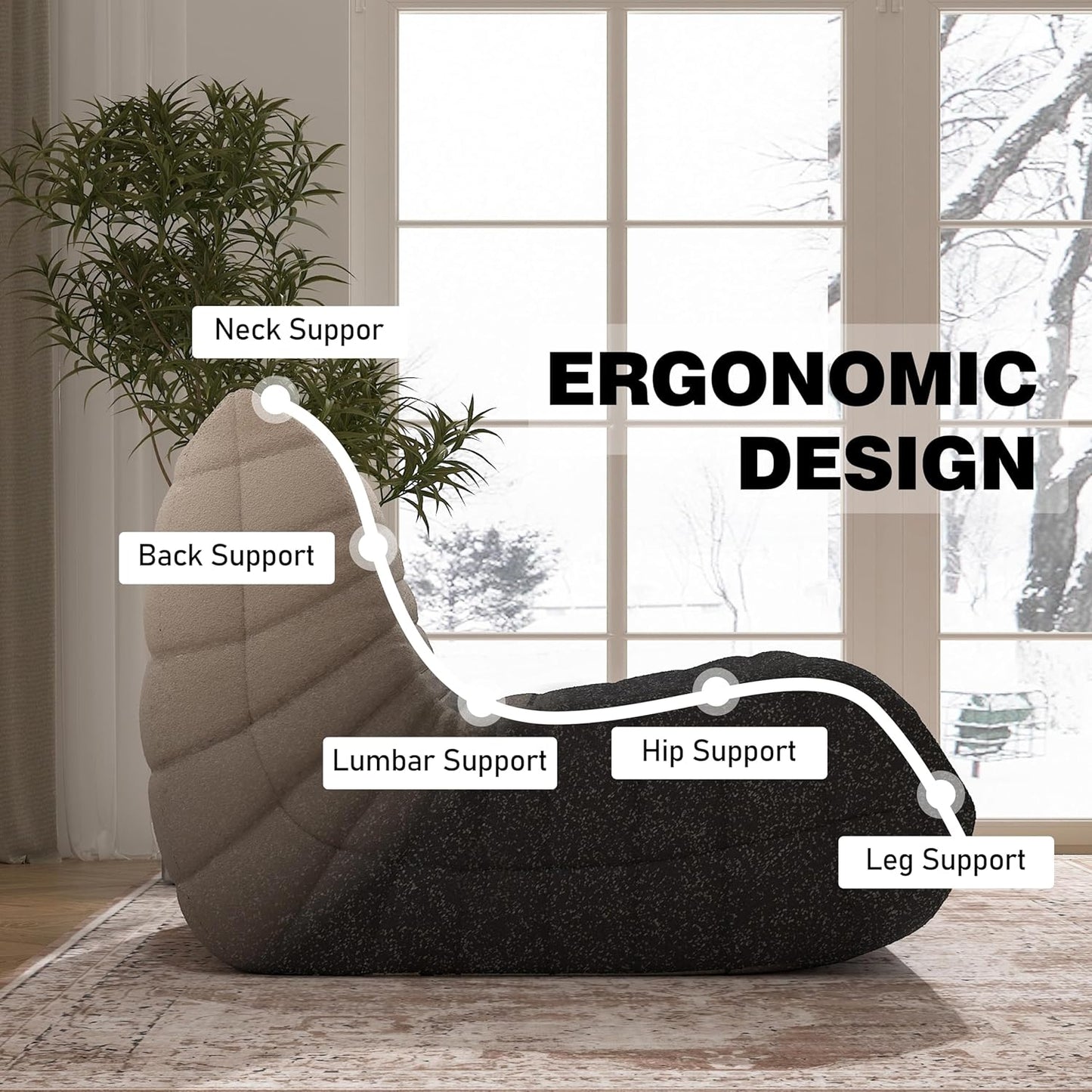 Bean Bag Chair, Fireside Chair Bean Bag Sofa Large Bean Bag Chair for Adults, Bean Bag Chairs for Teens with High Density Comfortable Foam, Memory Foam Bean Bag for Living Room, Bedroom (Black&White)