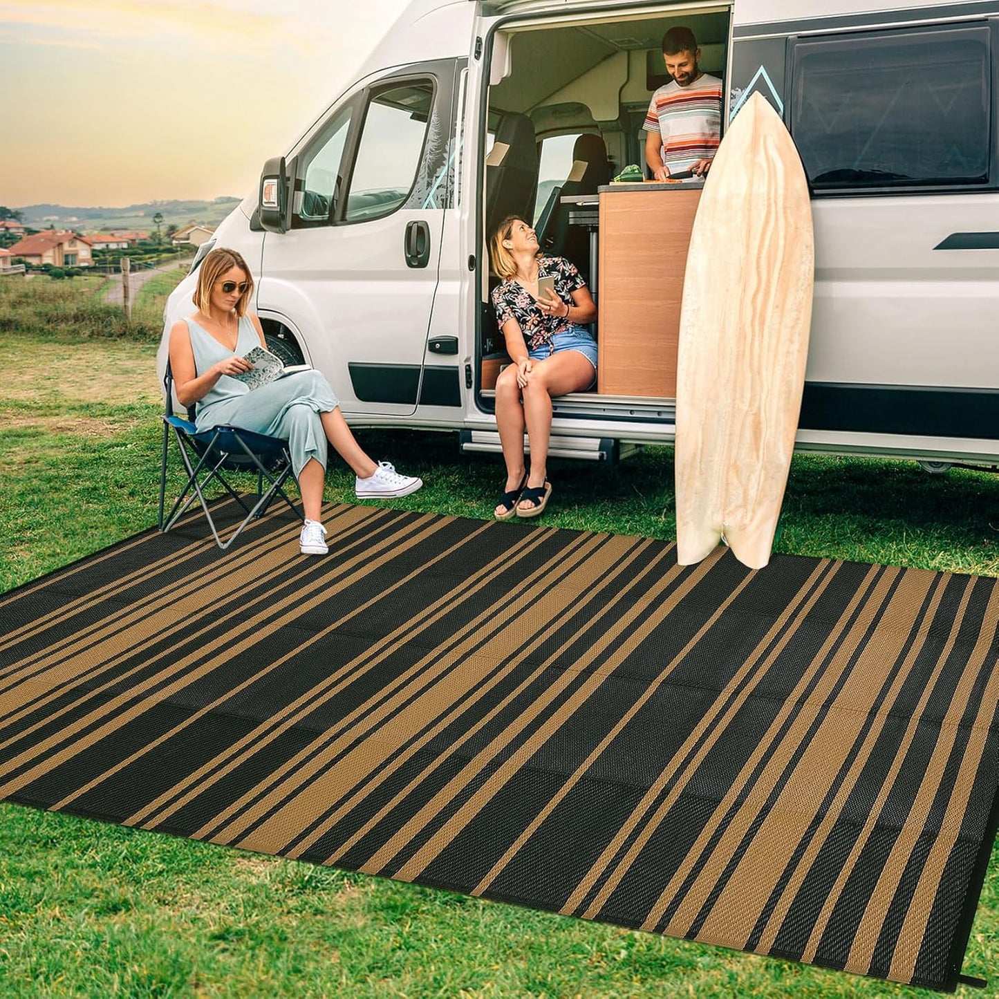 Waterproof Outdoor Rug 8x10 Contemporary Reversible Plastic Straw Rug, Easy Cleaning Striped Patio Carpet, UV-Resistant Indoor Outdoor Floor Cover for RV, Porch, Deck, Backyard, Black Brown