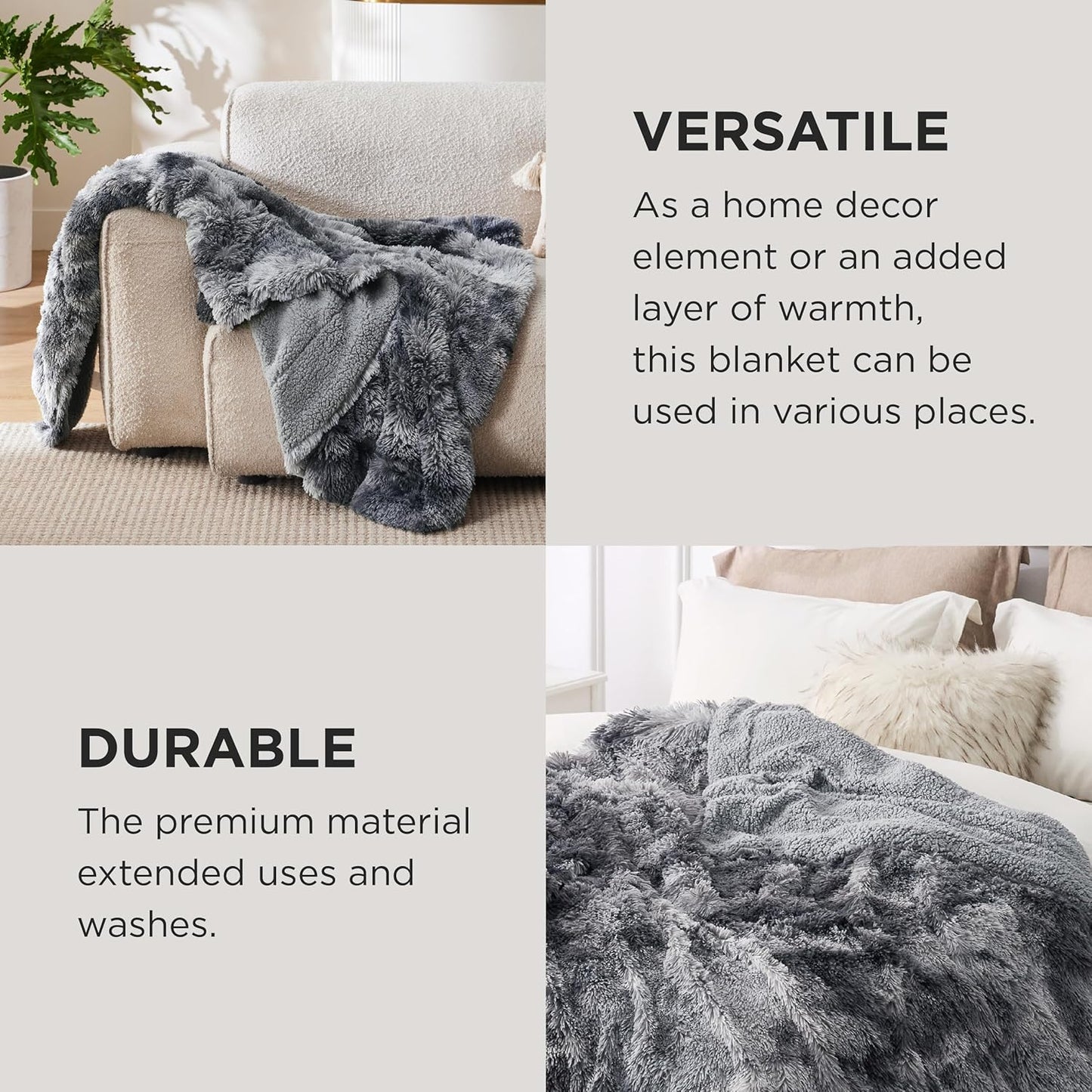 Bedsure GentleSoft Fluffy Sherpa Fleece Faux Fur Blankets Queen Size for Bed, Bedroom Decor Winter Thick Warm Full Queen Blankets, Fuzzy Plush Soft Heavy Mink Tie Dye Grey Bedding Cozy Gifts, 90x90
