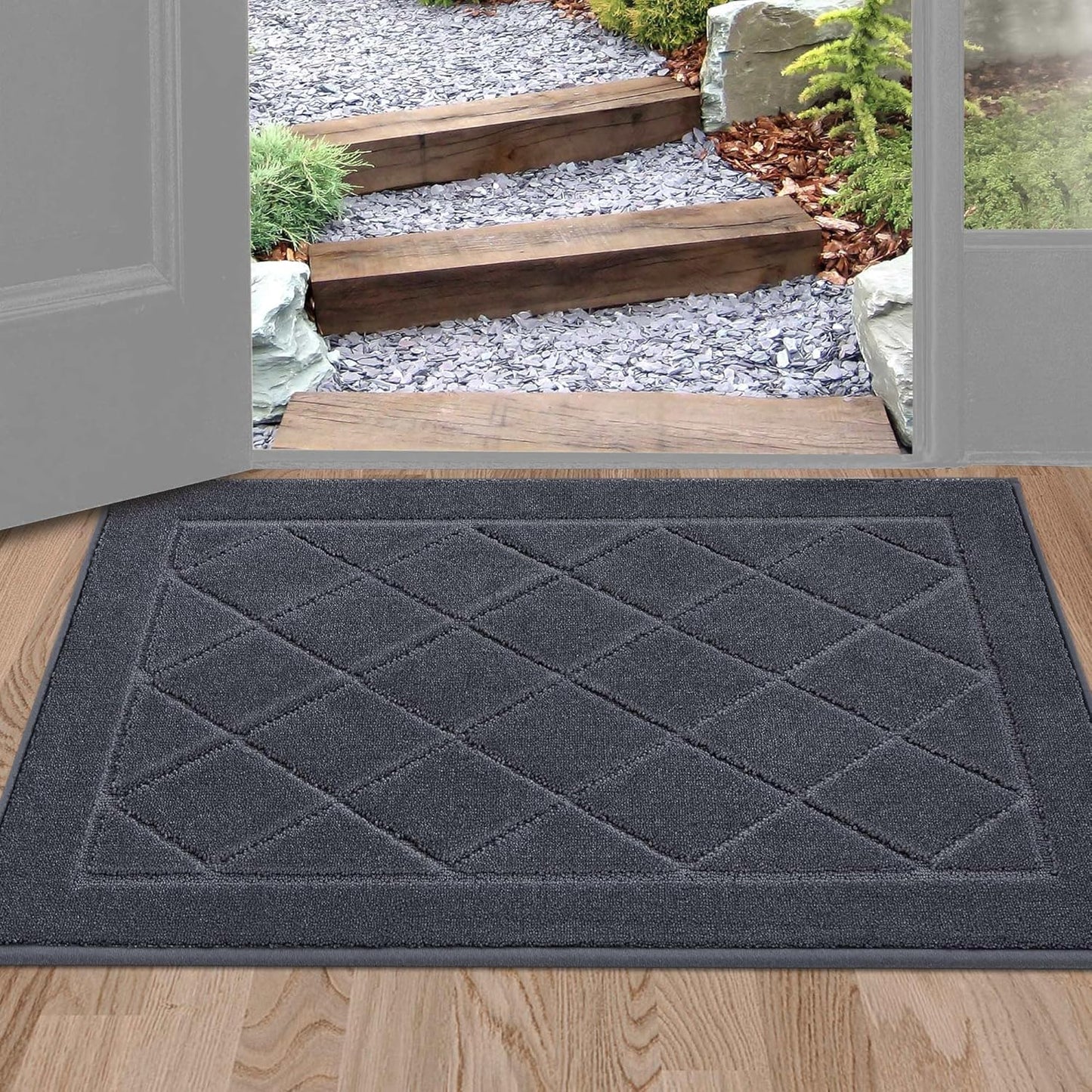 BEQHAUSE Dirt Trapper Door Mat 24" x 36", Doormat Non-Slip Entryway Rugs Washable, Dog Door Mat Stain Resistant and Absorbent Welcome Floor Mat for Front Back Door, Muddy Wet Shoes & Paws, Dark Grey
