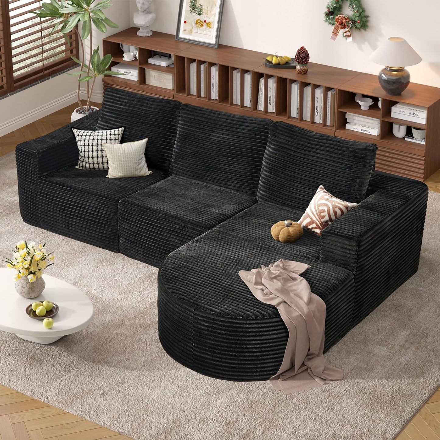 Modular Sectional Sofa with L-Shape Chaise,Cloud Sectional Modern Sleeper Couch with Deep Seat,Sponge Compression Sofas No Assembly Required (Black-Sherpa Fabric) 1PCS