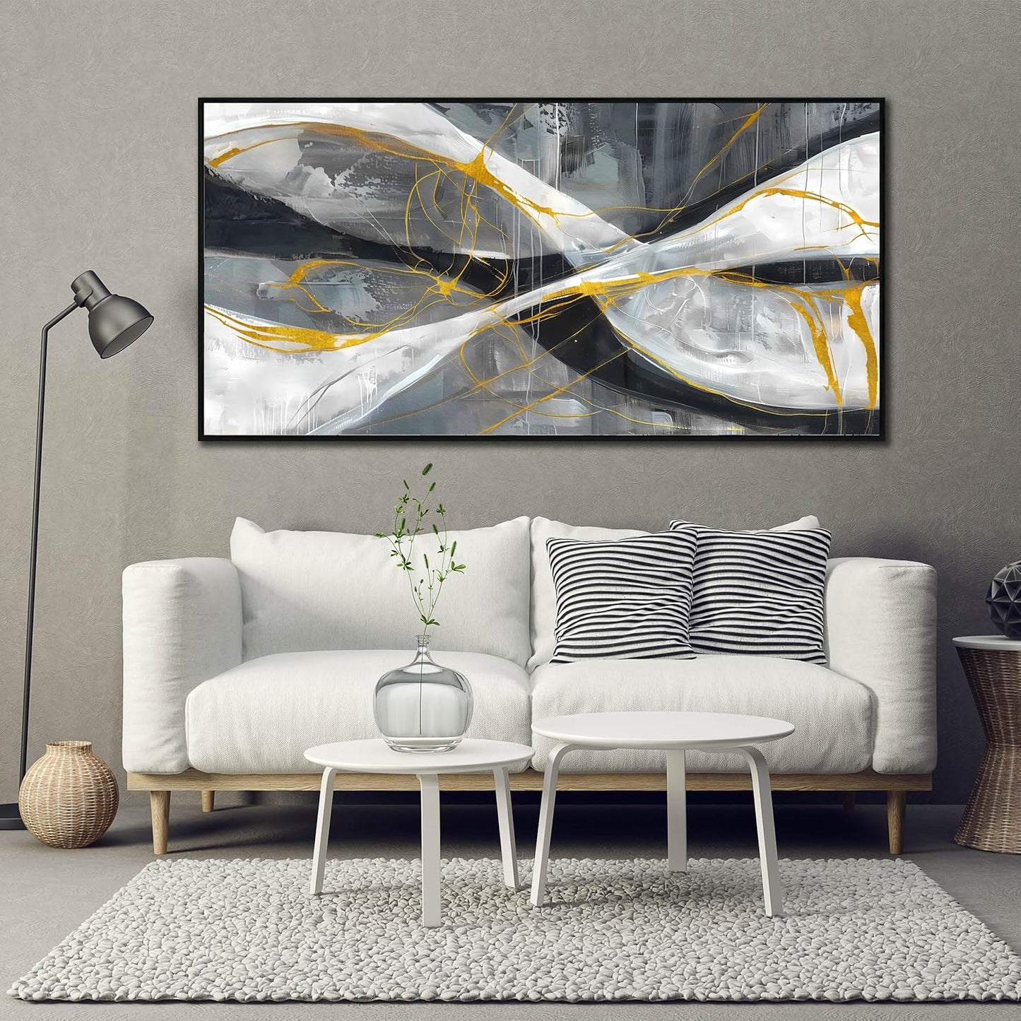 Ouzzlie Abstract Wall Art Grey Wall Decor for Living Room Large Canvas Art Picture Gold Artwork 29" x 59"