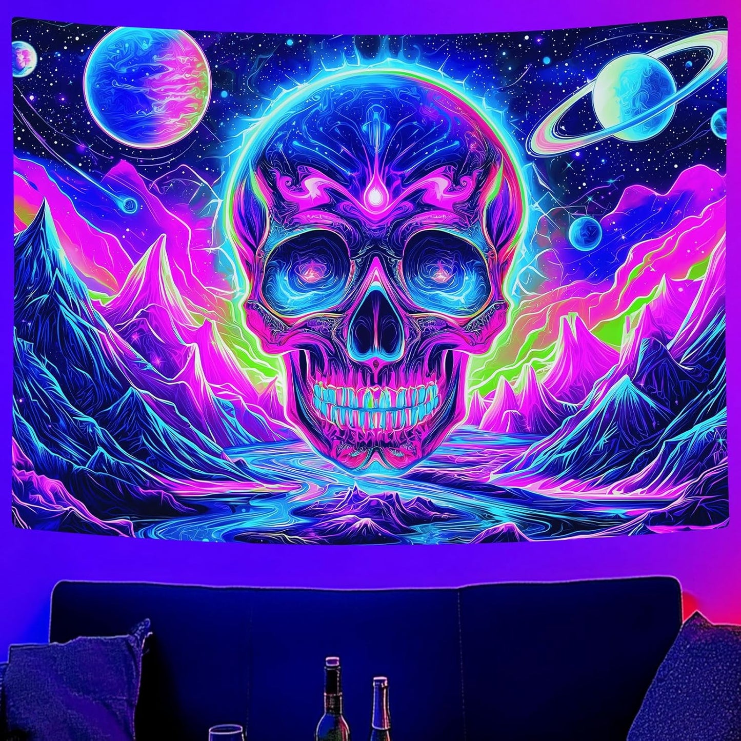 Blacklight Skull Tapestry, UV Reactive Gothic Skeleton Mountain Galaxy Planet Wall Hanging Tapestries, Glow in the Dark Horror Face Halloween Aesthetic Poster for Bedroom Living Room Decor 60X51IN
