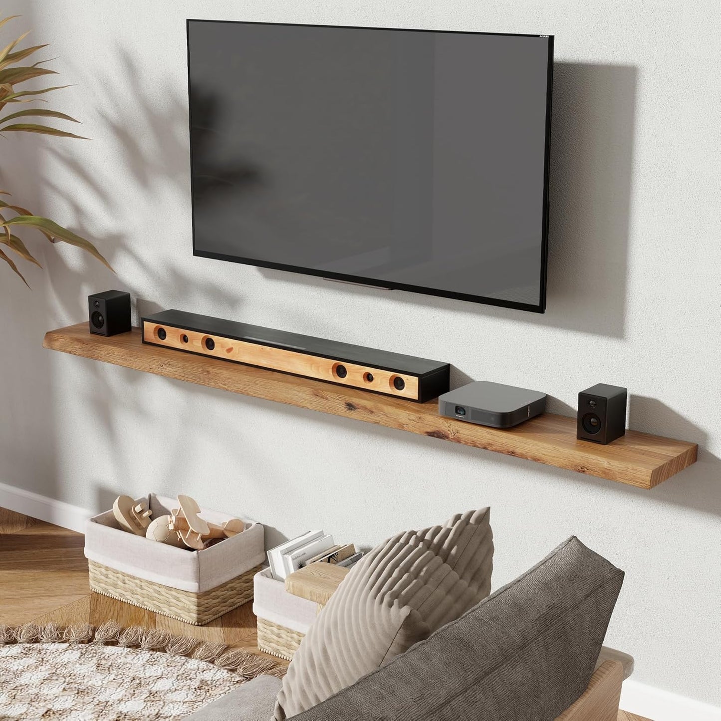 72" Floating Shelves, Live Edge Elm Wood Floating Shelf for Wall, Wall-Mounted Display Shelves with Invisible Heavy-Duty Bracket, Long Floating Shelf for Bathroom, Kitchen, Living Room, Natural Color