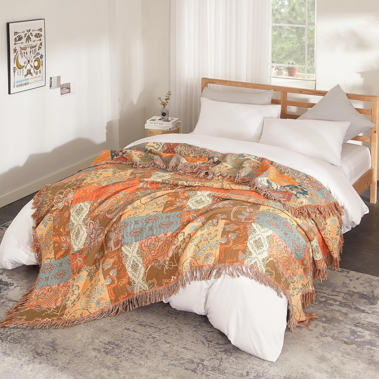 Boho Throw Blanket for Bed 60”x80”, 100% Cotton Woven Blanket for Couch Sofa, Ultra Soft 4-Layer Muslin Quilt with Patchwork Floral Printed, Farmhouse Bed Blanket/Cover for Living Room Decor