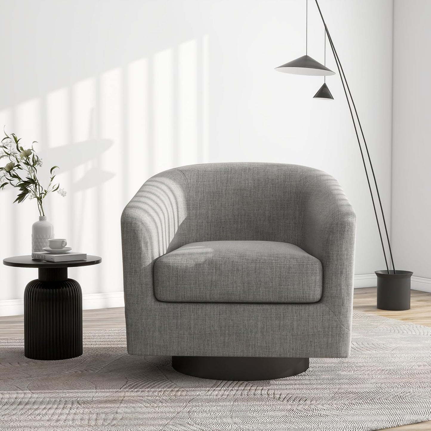 Swivel Barrel Accent Chair, Modern Round Linen Arm Chair for Living Room, Bedroom, Comfy Club Reading Chairs for Adults（Linen Fabric, Light Grey, Set of 1