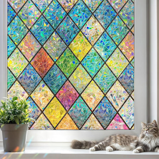 DUOFIRE Stained Glass Window Film Decorative Window Privacy Film Rainbow Diamond Grid Colorful Lattice Windows Cling Anti UV Static Cling Reusable Windows Decal for Home 23.6×78.7 inch