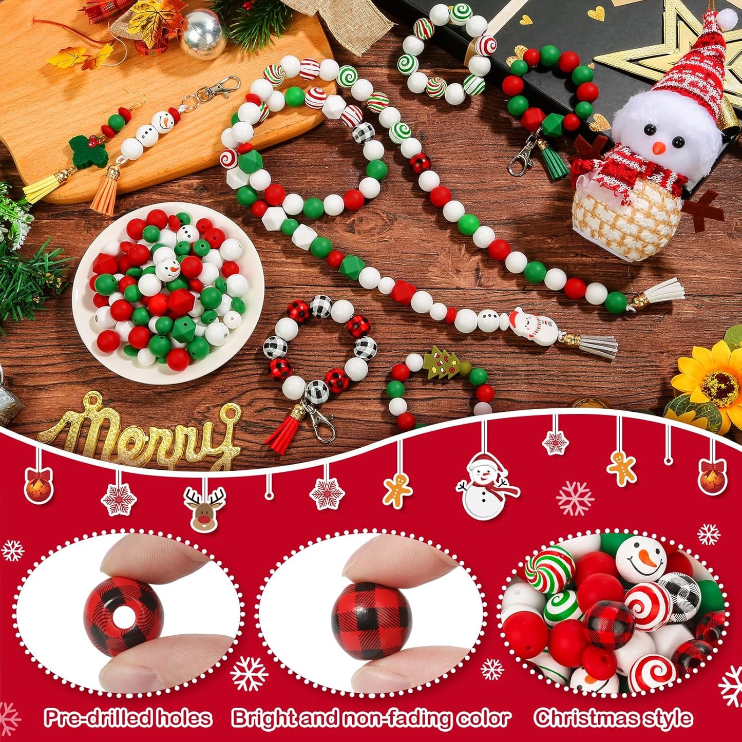 217 PCS Christmas Silicone Beads Bulk, 15mm Silicone Beads Xmas Christmas Wooden Beads Candy Cane Wood Beads Loose Rubber Beads Abacus Focal Beads for Keychain Necklace Making Pens Crafts Ornament