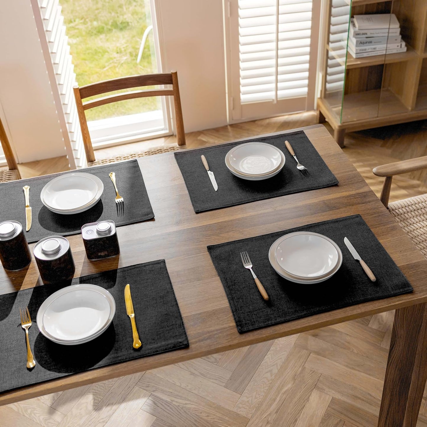 Demetex Black Cloth Placemats Set of 8 Wipeable Classic Place Mats Heat Resistant Table Mats for Dining Room Kitchen Tables, 13x19 inch, Black