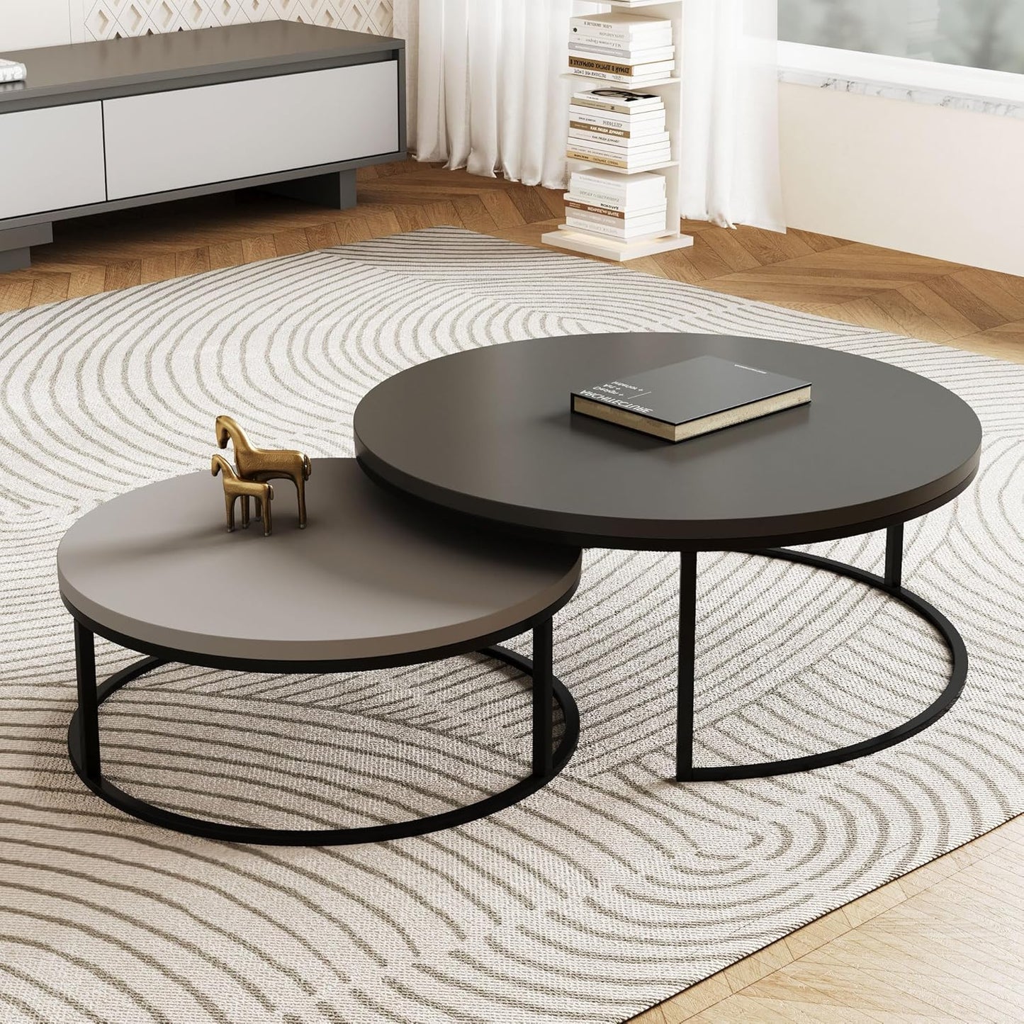 Modern Round Coffee Table Set, Nesting Cocktail Tables with Black Metal Legs, Dark Gray/Light Gray, Easy Assembly, 31.5/23.7 Inches, Perfect for Living Room, Bedroom, or Lounge