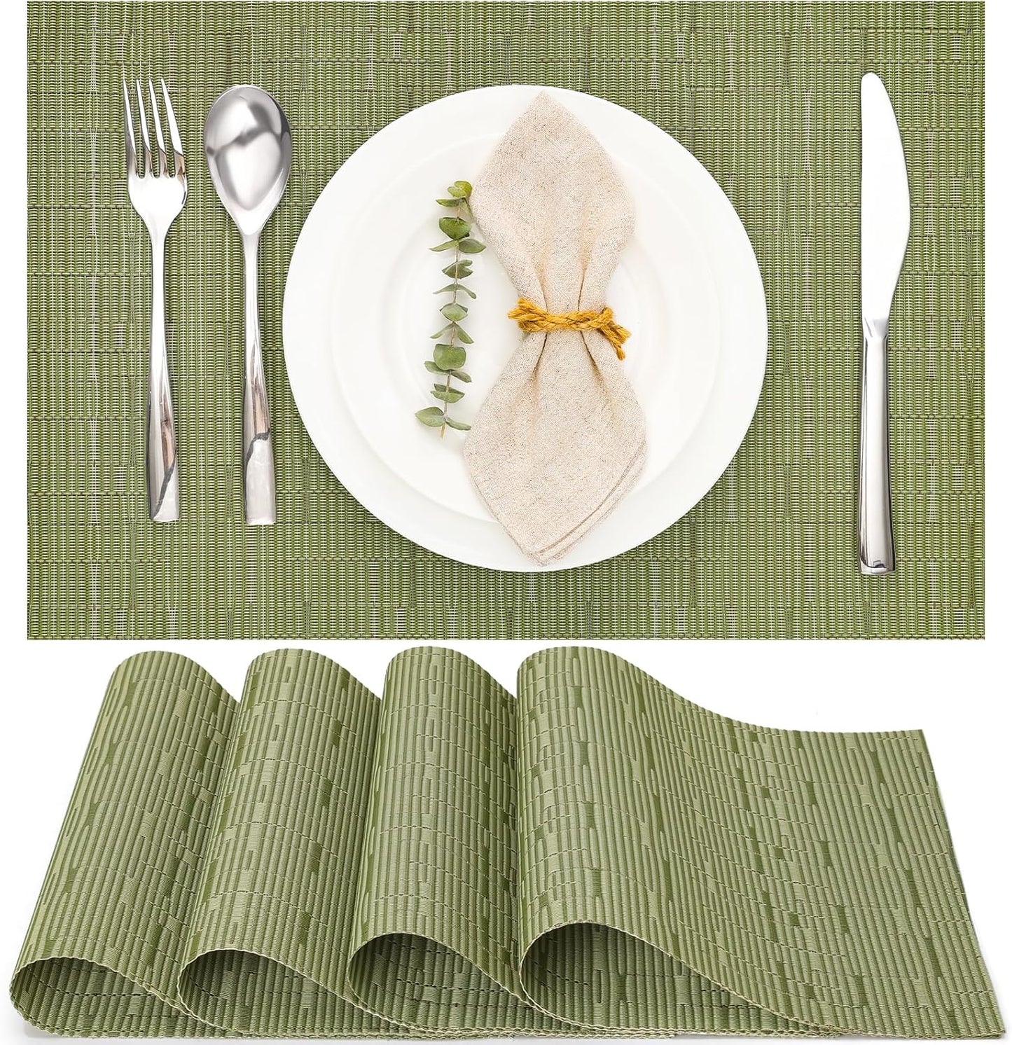 Myir JUN Placemats Set of 4, Vinyl Woven Placemats Place Mats Indoor Set of 4 Washable Table Mats Non-Slip Place mats for Dining Table (Green, Set of 4)