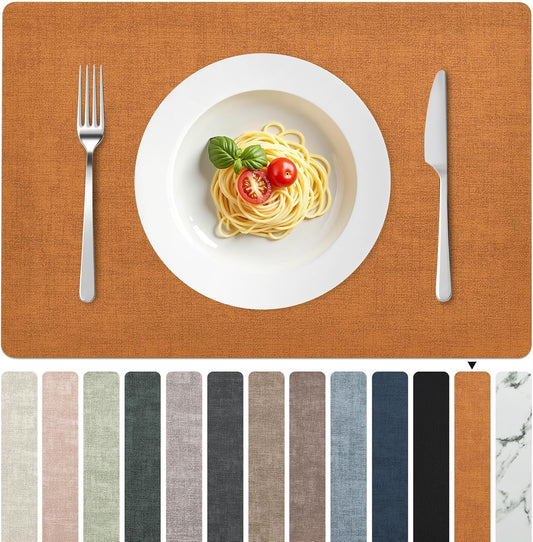 FROMHEART Faux Leather Placemats Set of 8–Waterproof,Heat/Oil Stain-Resistant PU Table Mat–Reversible,Non-Slip,Easy to Clean Place Mats for Kitchen,Dining,Indoor/Outdoor,(Orange-Grey,11.8" x 17")