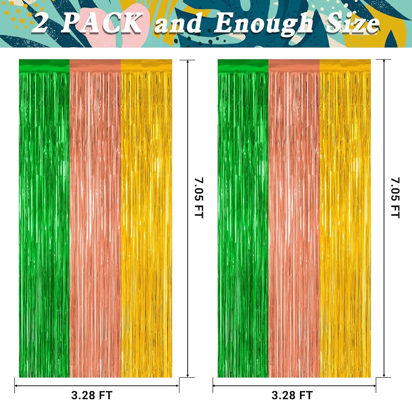 2 Pack Luau Decorations, 3.28 FT x 7.05 FT Summer Party Streamer, Green Brown Yellow Backdrop Tinsel Curtains Fringe Curtains, Metallic Hawaiian Supplies Aloha Party Decor