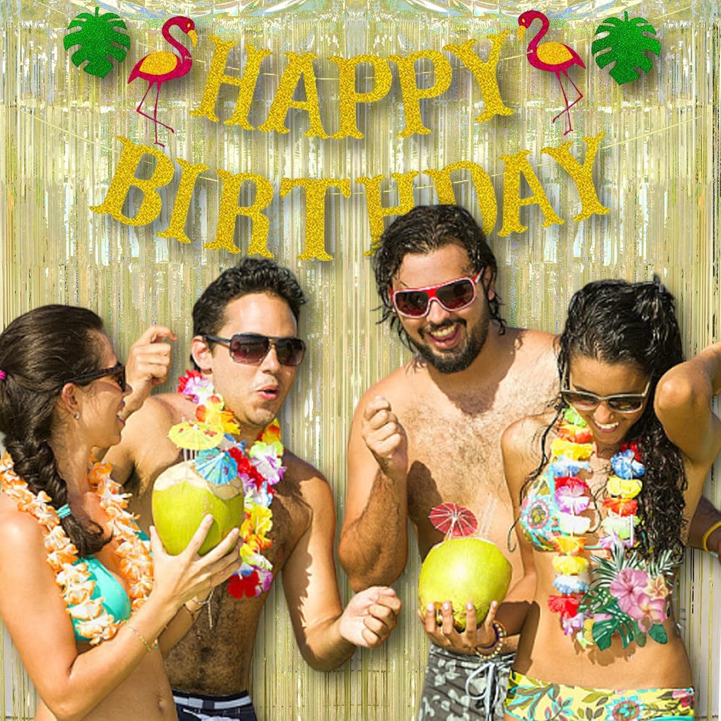 BRAVESHINE Gold Tinsel Streamers Party Backdrop - 2 Pack 3.2x8.2ft Metallic Foil Fringe Curtain for Christmas/New Years/Prom/Birthdays/Engagement/Anniversary/Hawaiian/Luau Party Decorations