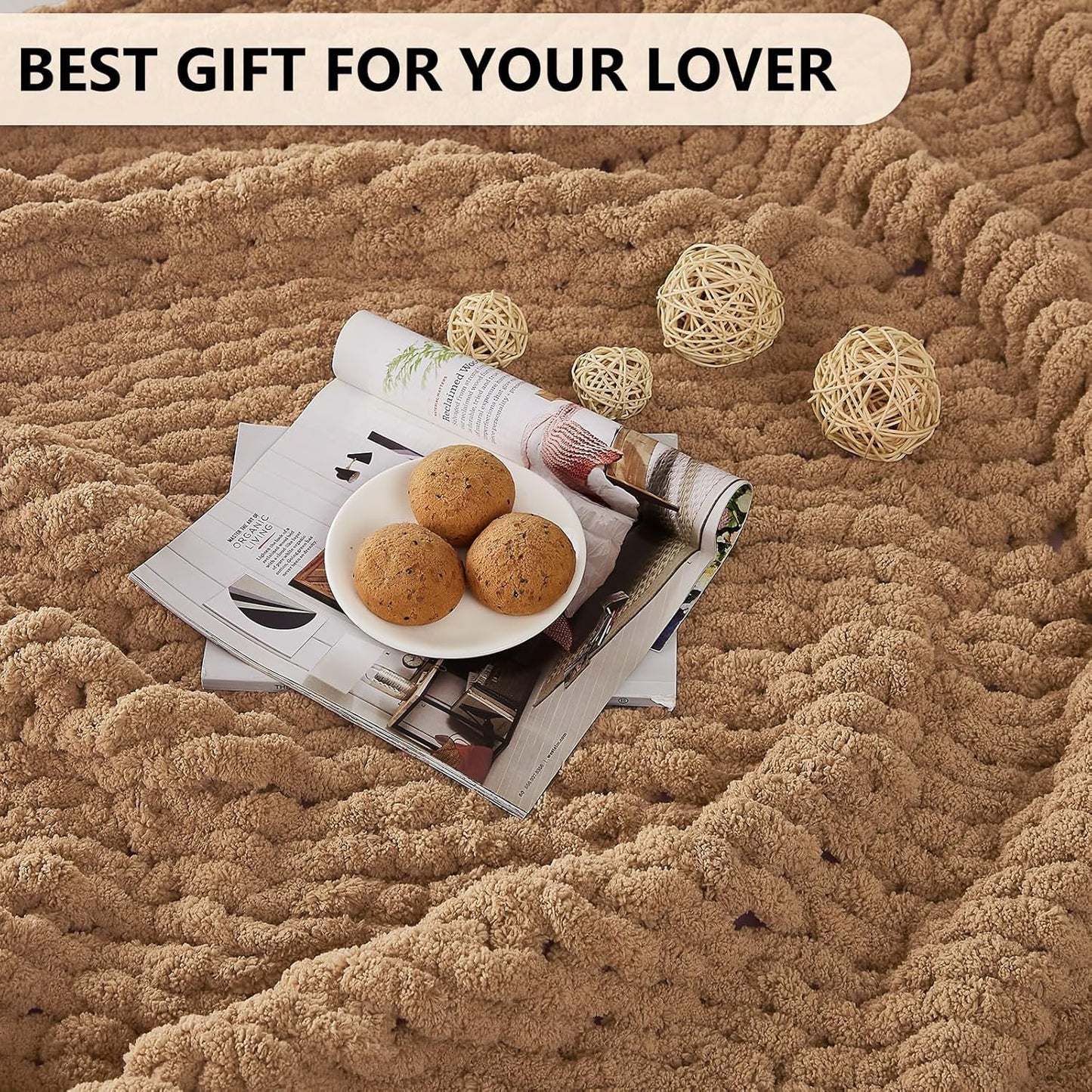 L'AGRATY Chunky Knit Blanket Throw: 60''x80'' Chenille Chunky Knitted Throw Blanket for Bed Couch - Handmade Thick Big Cable Knit Blanket - Large Crochet Rope Blanket for Home Decor(Tan)