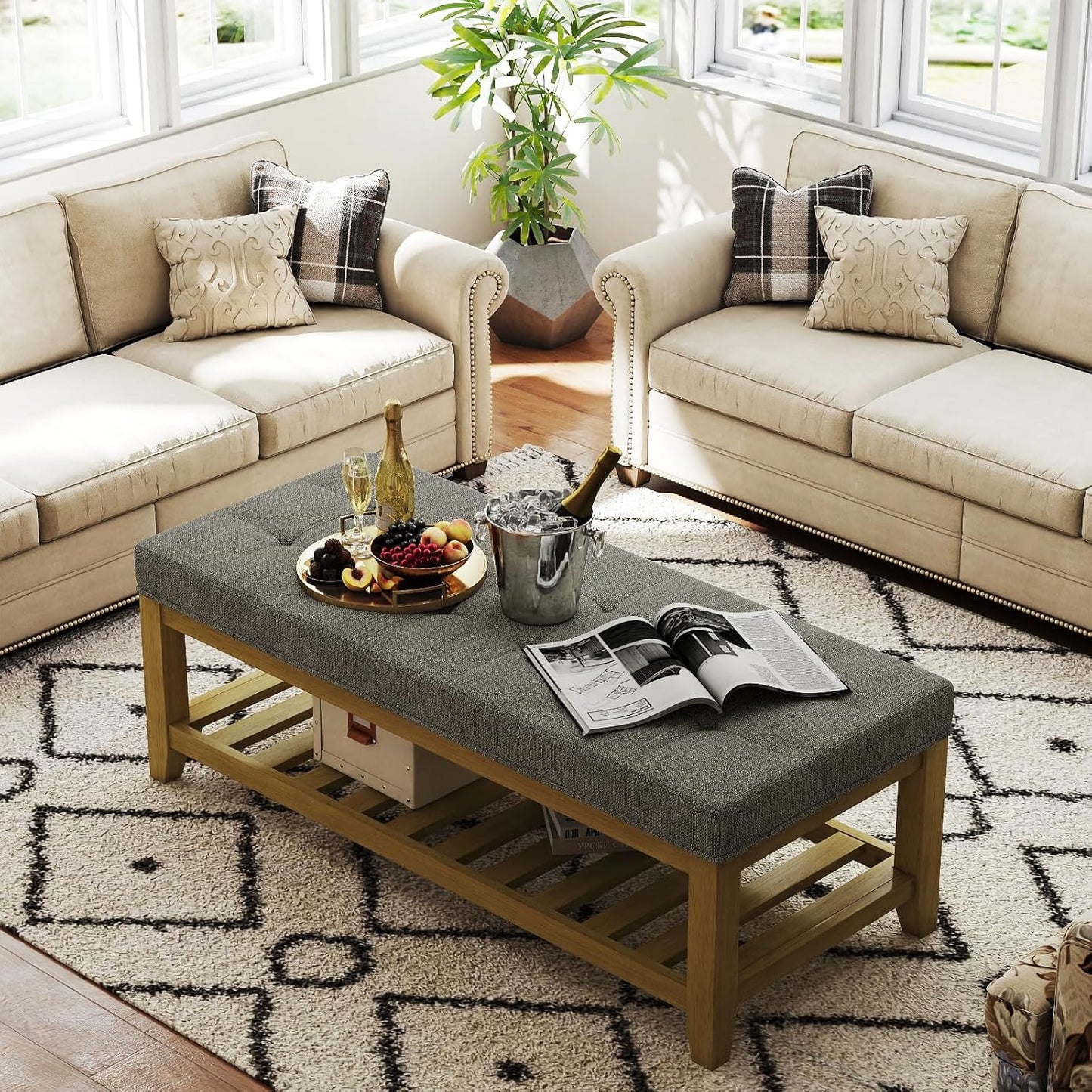 Large Rectangular Upholstered Ottoman Bench, Linen Tufted Footrest Ottoman with Solid Wood Shelf Storage Coffee Table for Bedroom Living Room, Granite