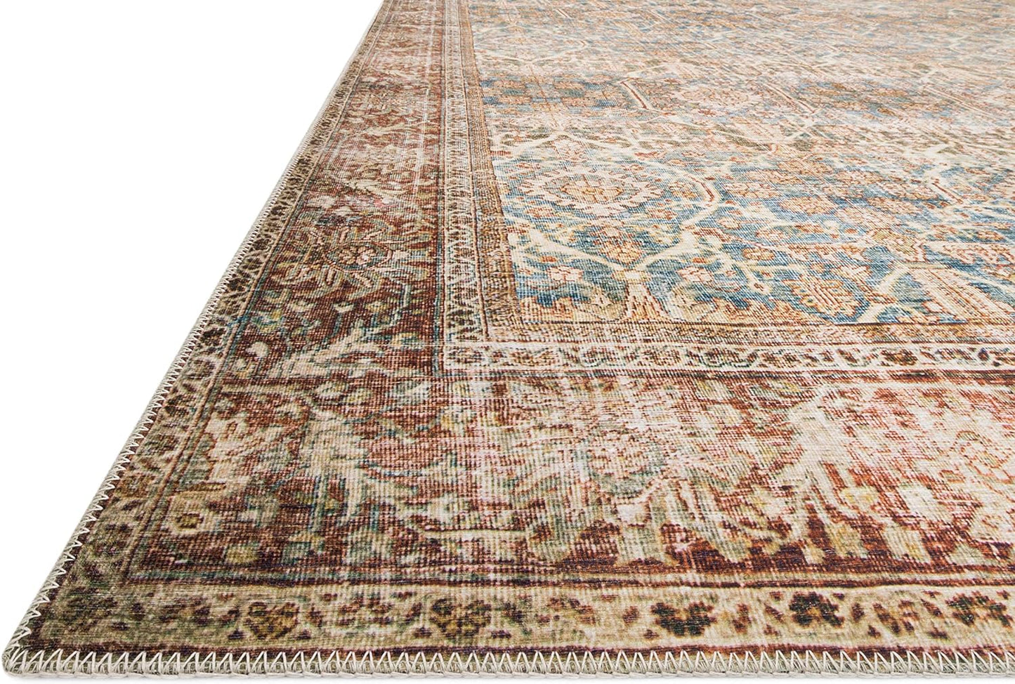 Loloi Layla Collection LAY-04 Ocean/Rust 2'-6" x 12'-0" .13" Thick Runner Rug, Soft, Durable, Vintage Inspired, Distressed, Low Pile, Non-Shedding, Easy Clean, Printed, Living Room Rug