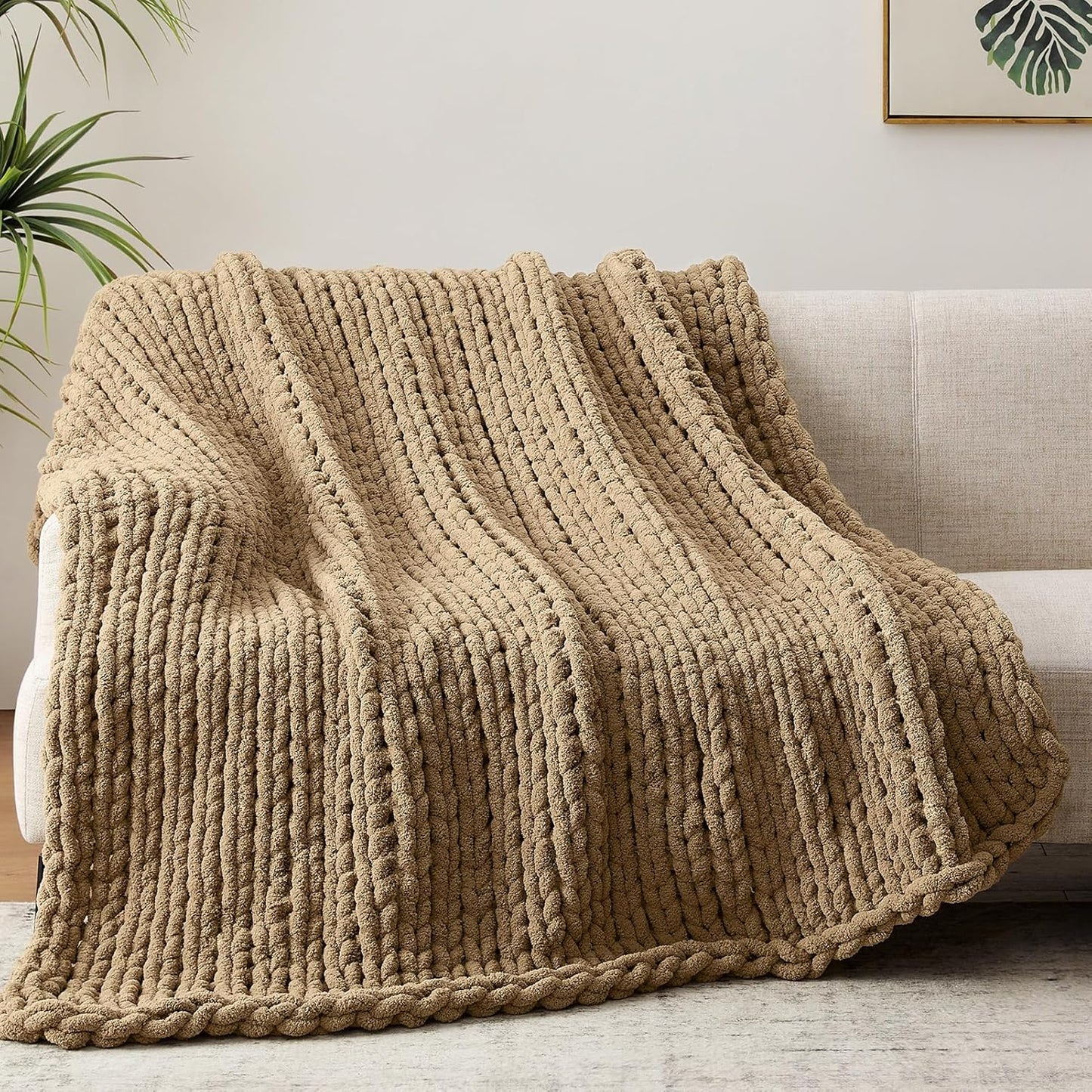Chunky Knit Throw Blanket, 60''*80'' Knitted Throw Chenille Yarn for Bed Couch, Handmade Light Brown Crochet Big Thick Blanket, Machine Washable Cute Comfy Blanket for Home Decor