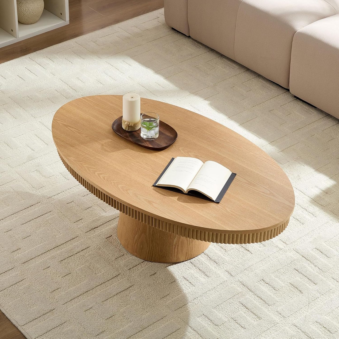 Modern Oval Coffee Table with Wood Pedestal,47.24" Farmhouse Center Table for Living Room, Ellipse Coffee Tables Tea Table for Bedroom, Apartment-Natural