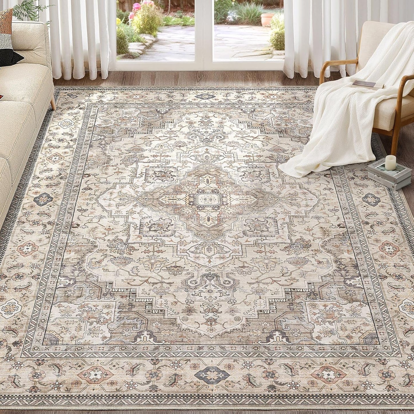 Washable Area Rugs for Living Room -10x12 Neutral Vintage Distressed Floral Farmhouse Boho Large Soft Floor Rug Indoor Non Slip Carpet for Living Room Bedroom Dining Room Office-Brown/Multi