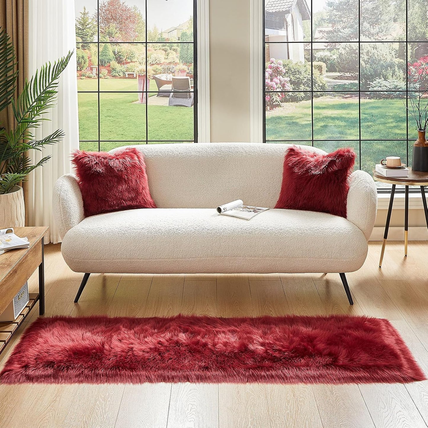 AMTOVO Faux Fur Rug, Burgundy Ultra Soft Fluffy Shag Sheepskin Rug, 2 x 6 ft Runner Area Rugs for Bedroom Sofa Throw Cushion Room Decor, Rectangle
